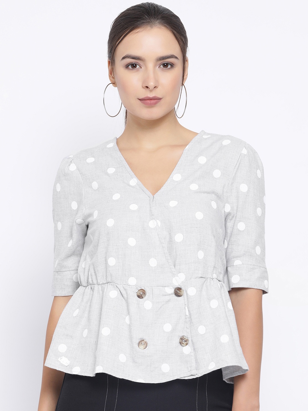 

Oxolloxo Women Grey Polka Dot Printed Cinched Waist Top