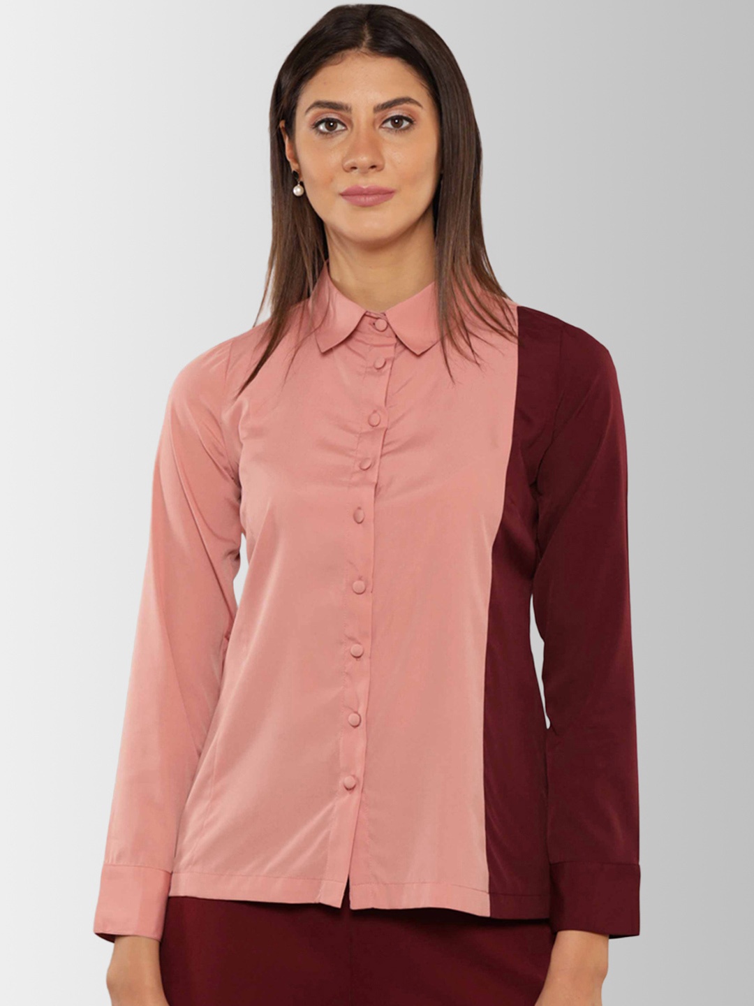 

FableStreet Women Pink & Maroon Regular Fit Colourblocked Formal Shirt