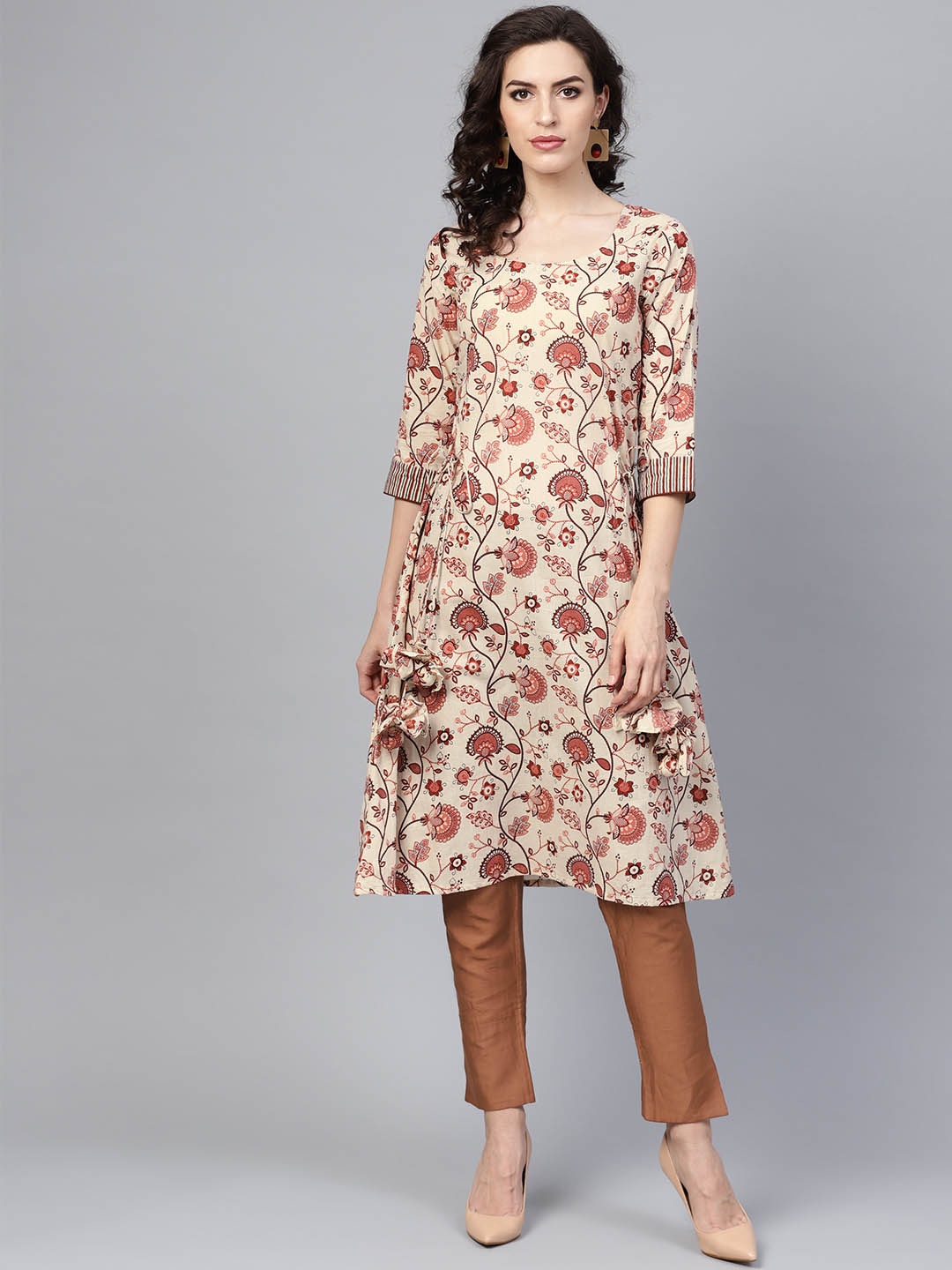 

Indo Era Women Beige & Brown Printed A-Line Kurta