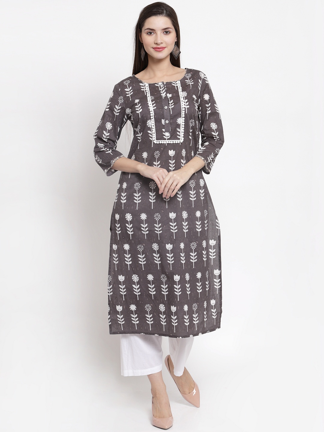 The Kurta Express Women Grey & White Printed Straight Kurta