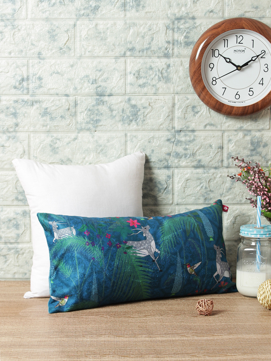 

India Circus by Krsnaa Mehta Teal Blue Single Printed Rectangle Velvet Cushion Cover