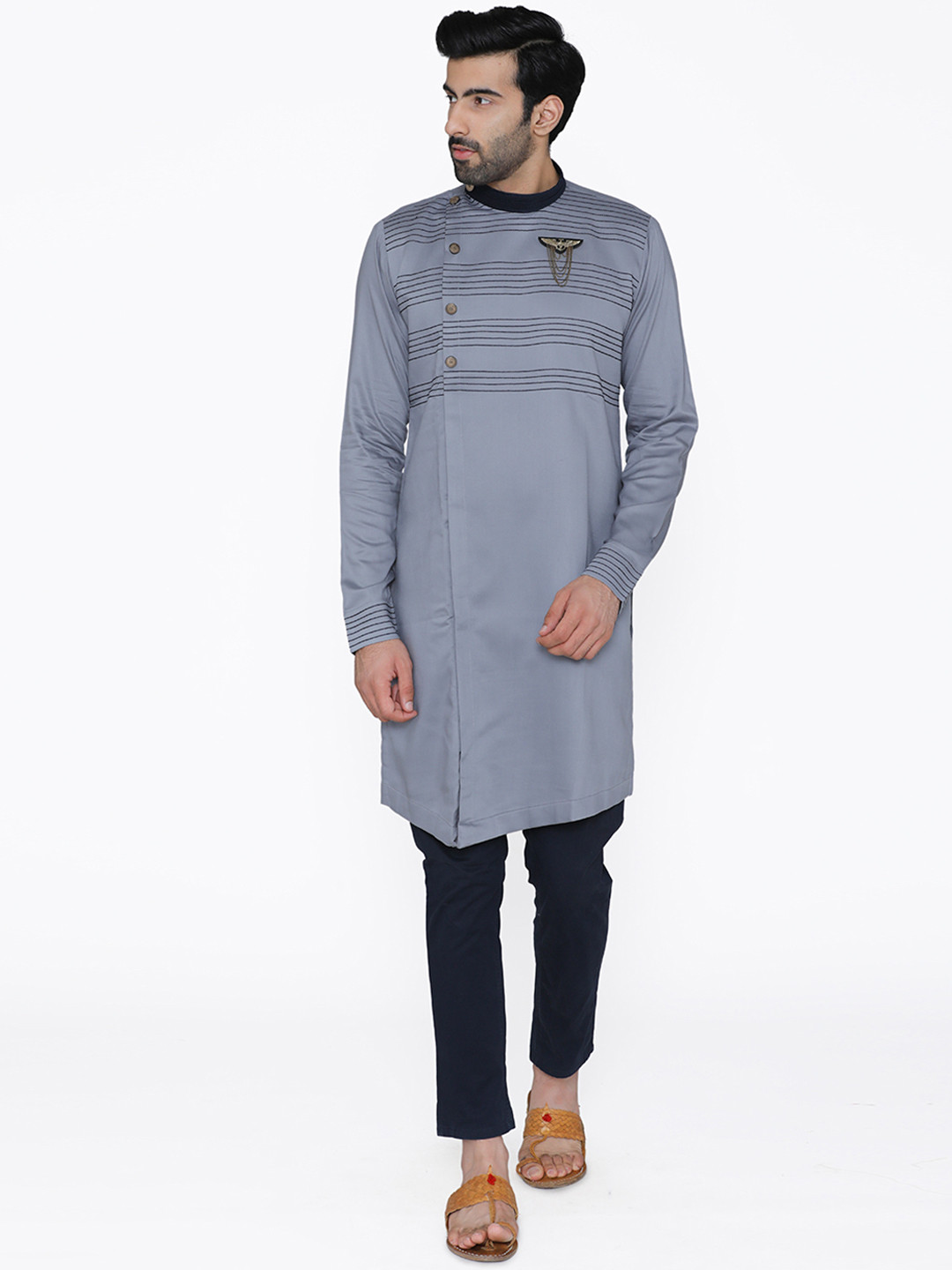 

Manyavar Men Grey & Black Striped Straight Kurta