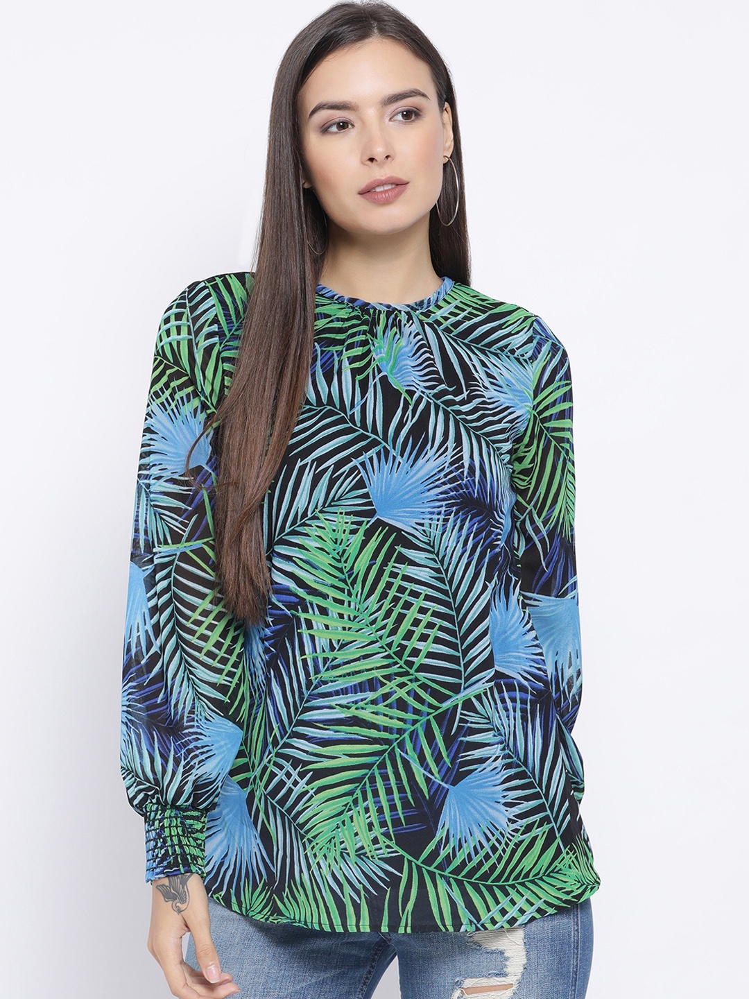 

Oxolloxo Women Navy Blue Tropical Printed A-Line Top