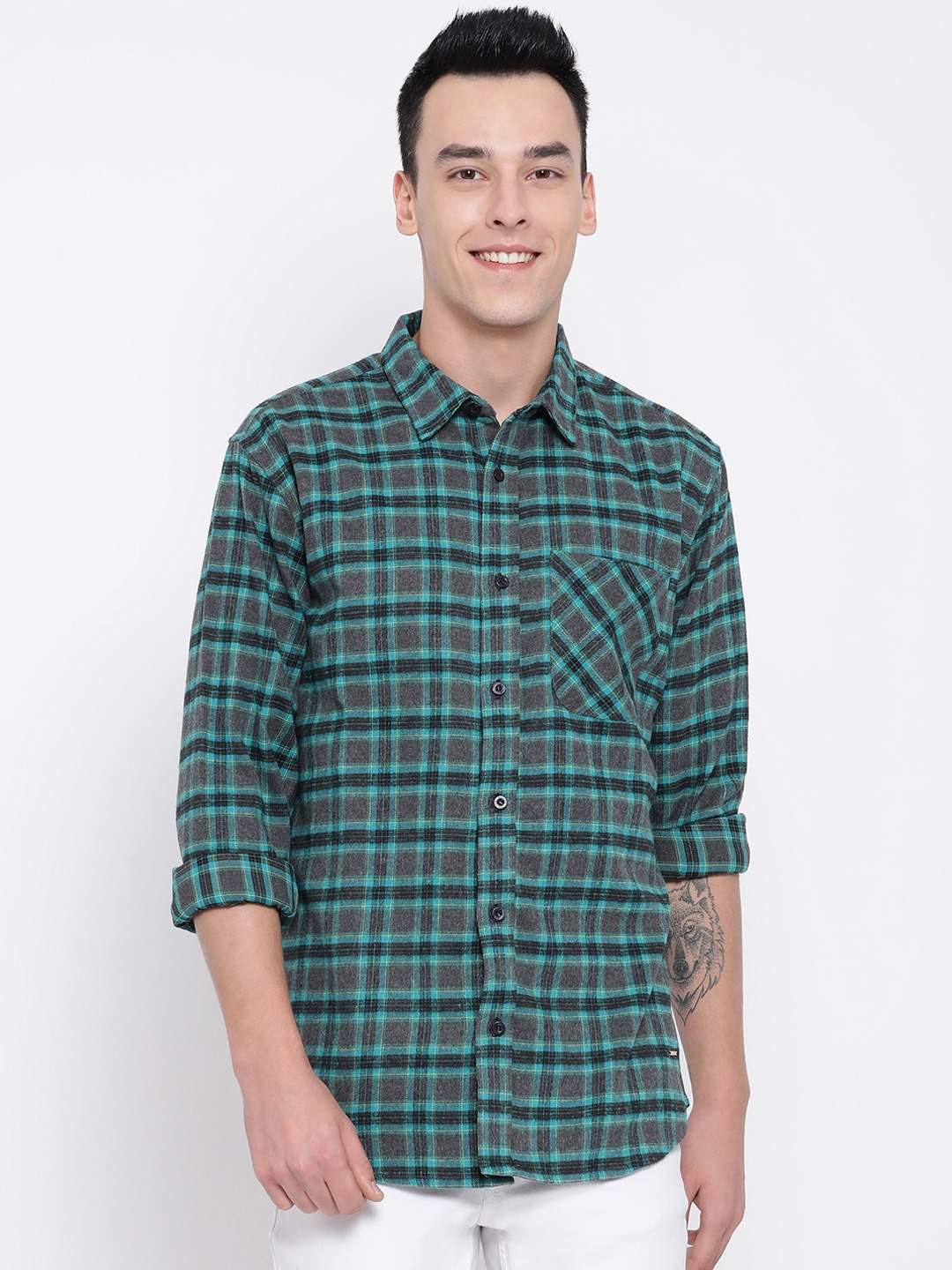 

Oxolloxo Men Green & Grey Checked Oxford Casual Shirt
