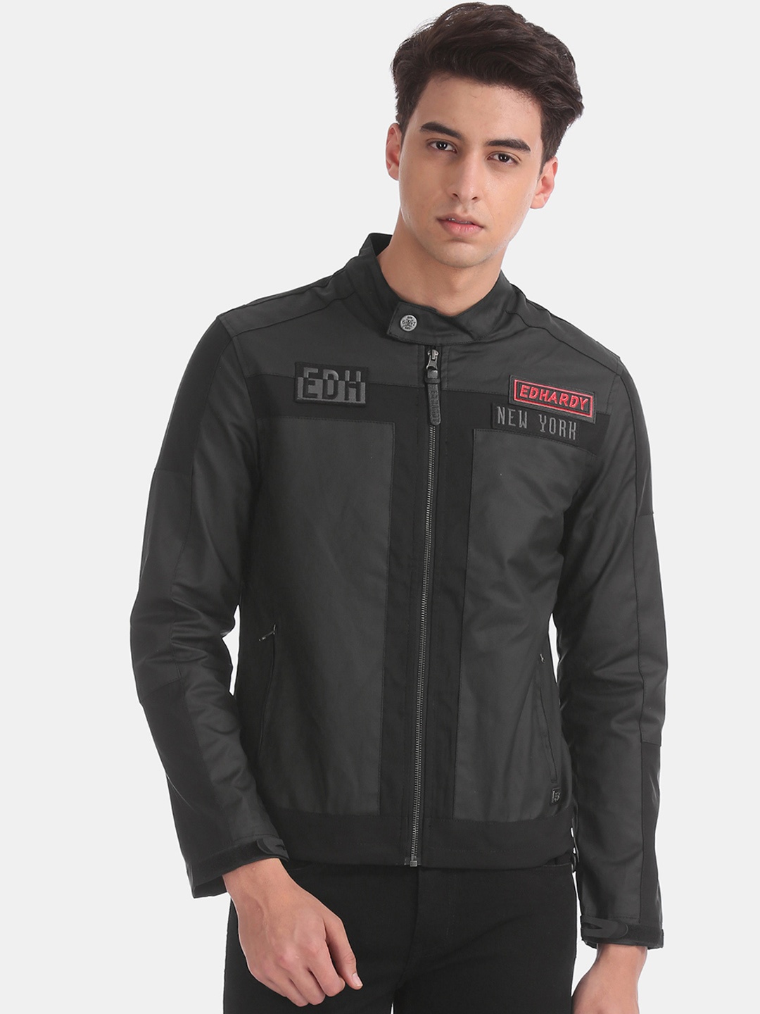 

Ed Hardy Men Charcoal Grey Solid Biker Jacket