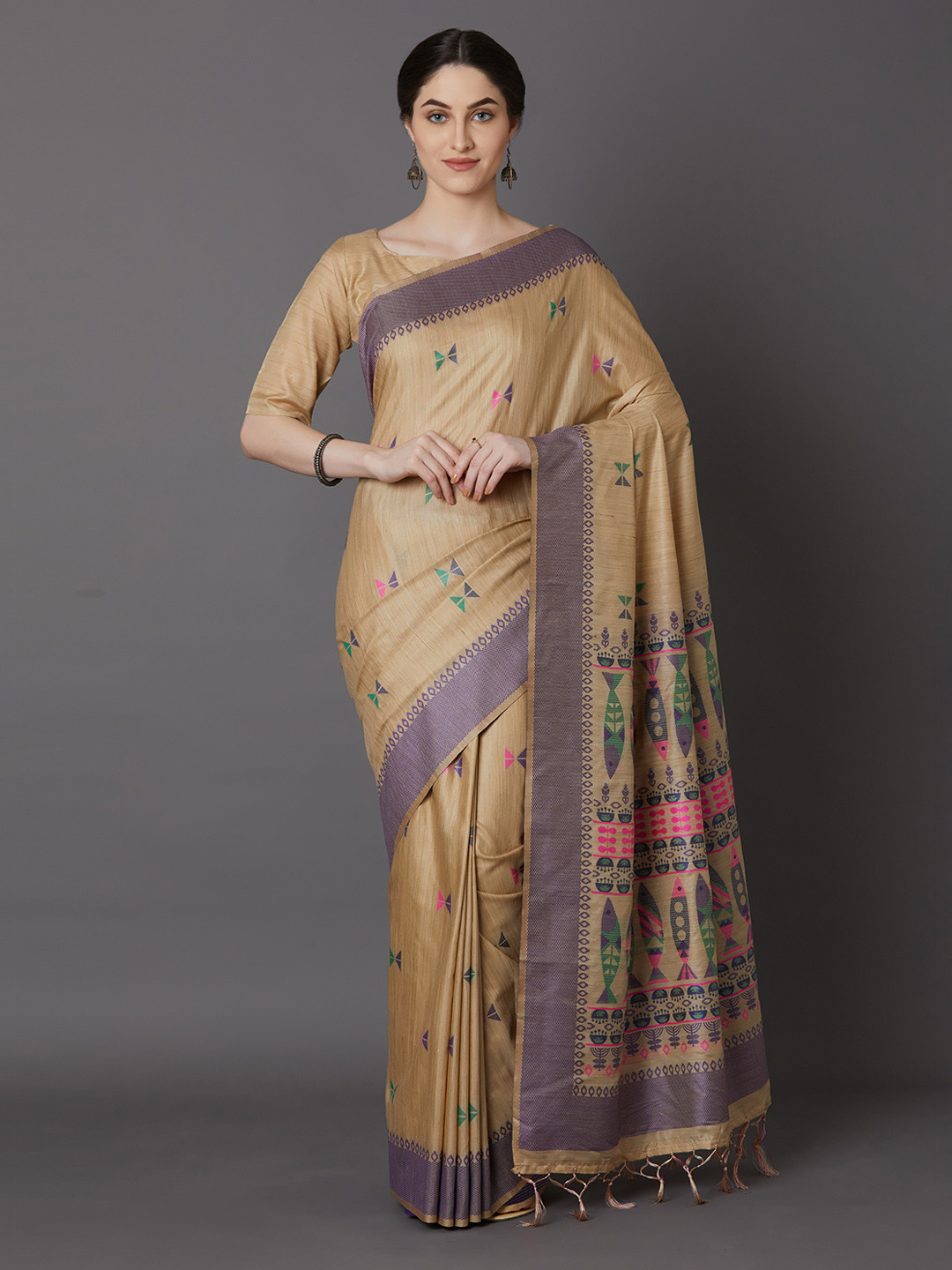 

Mitera Beige & Green Silk Blend Printed Saree