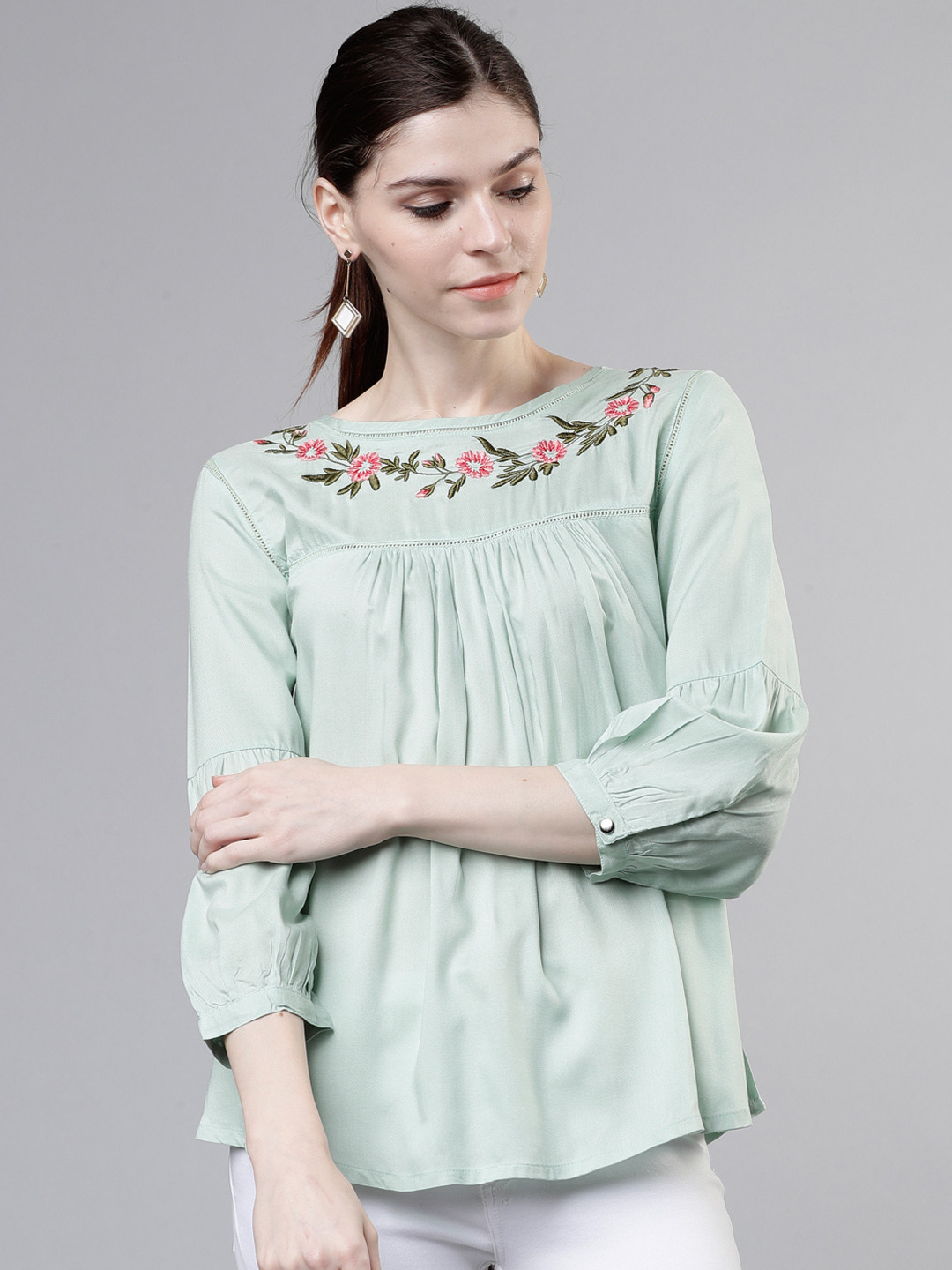 

Vishudh Women Sea Green Embroidered A-Line Top