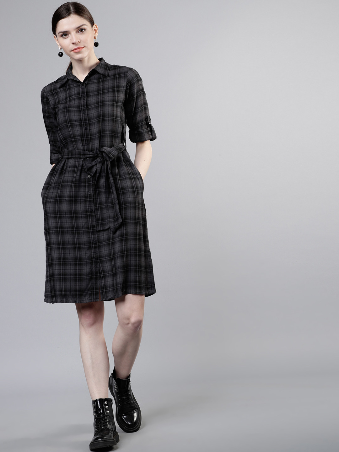 

Tokyo Talkies Women Grey & Black Checked Shirt Dress