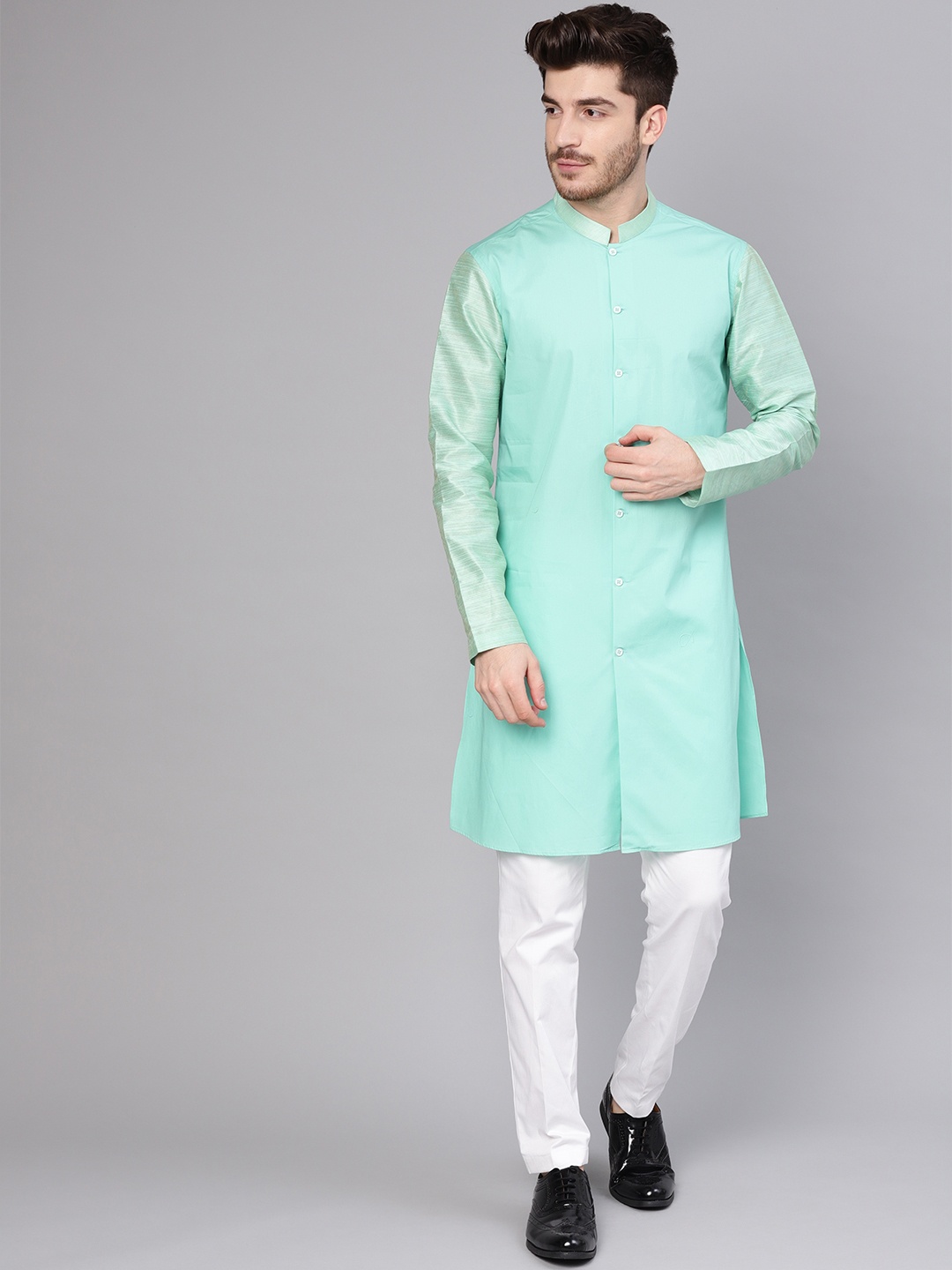 See Designs Men Sea Green & White Solid Kurta with Trousers