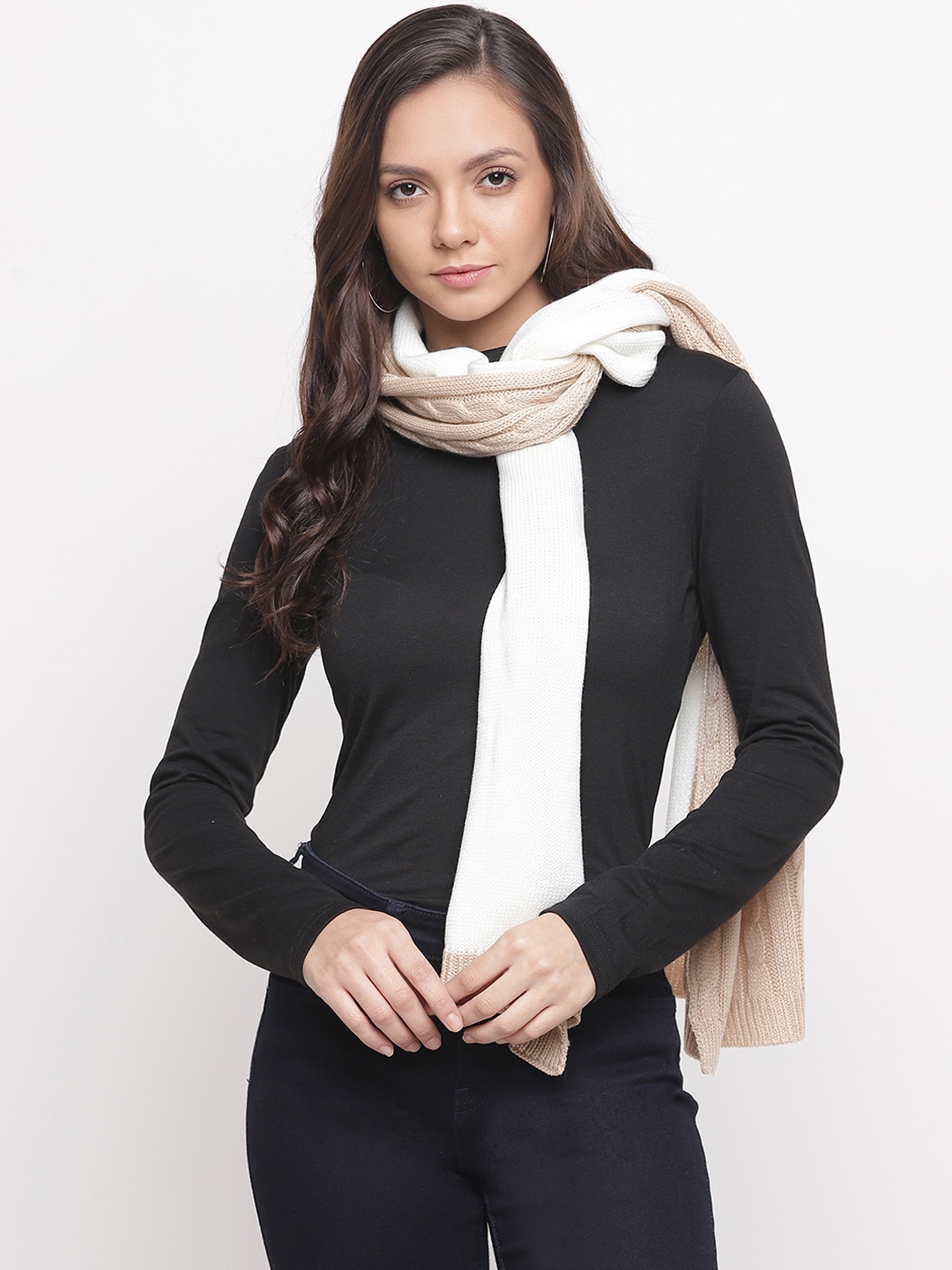

Tossido Women Cream-Coloured & Beige Colourblocked Cable Knit Muffler
