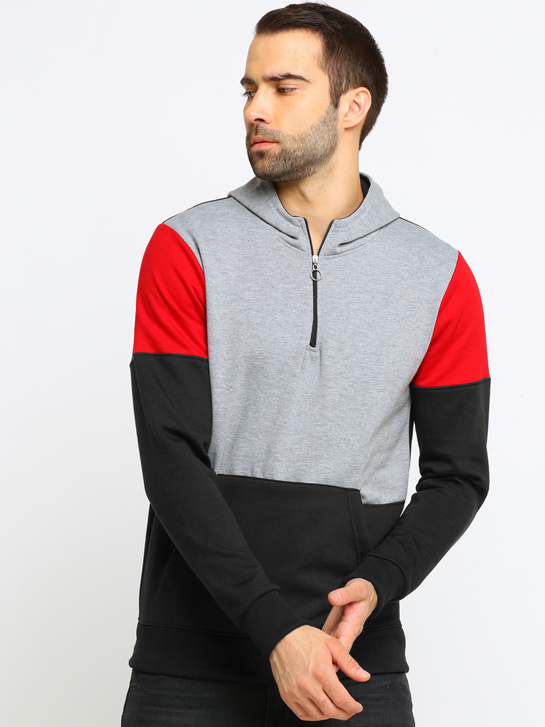 

Maniac Men Black & Grey Colourblocked Hooded Sweatshirt