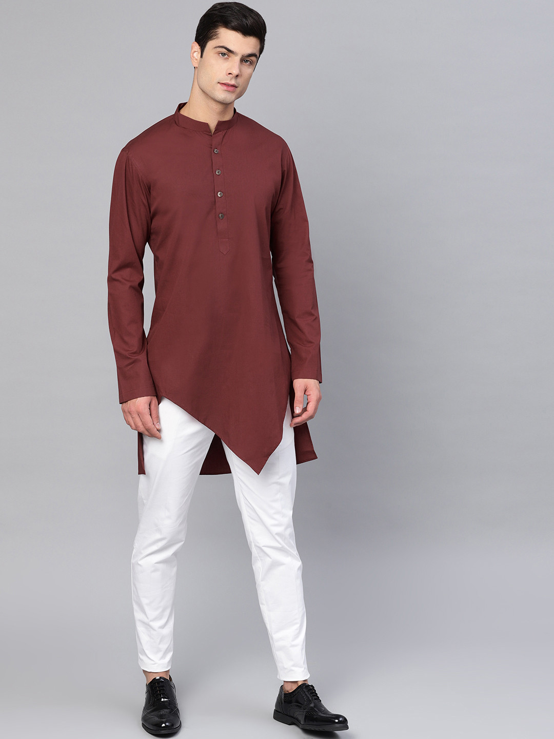 

See Designs Men Burgundy & White Solid Kurta with Trousers