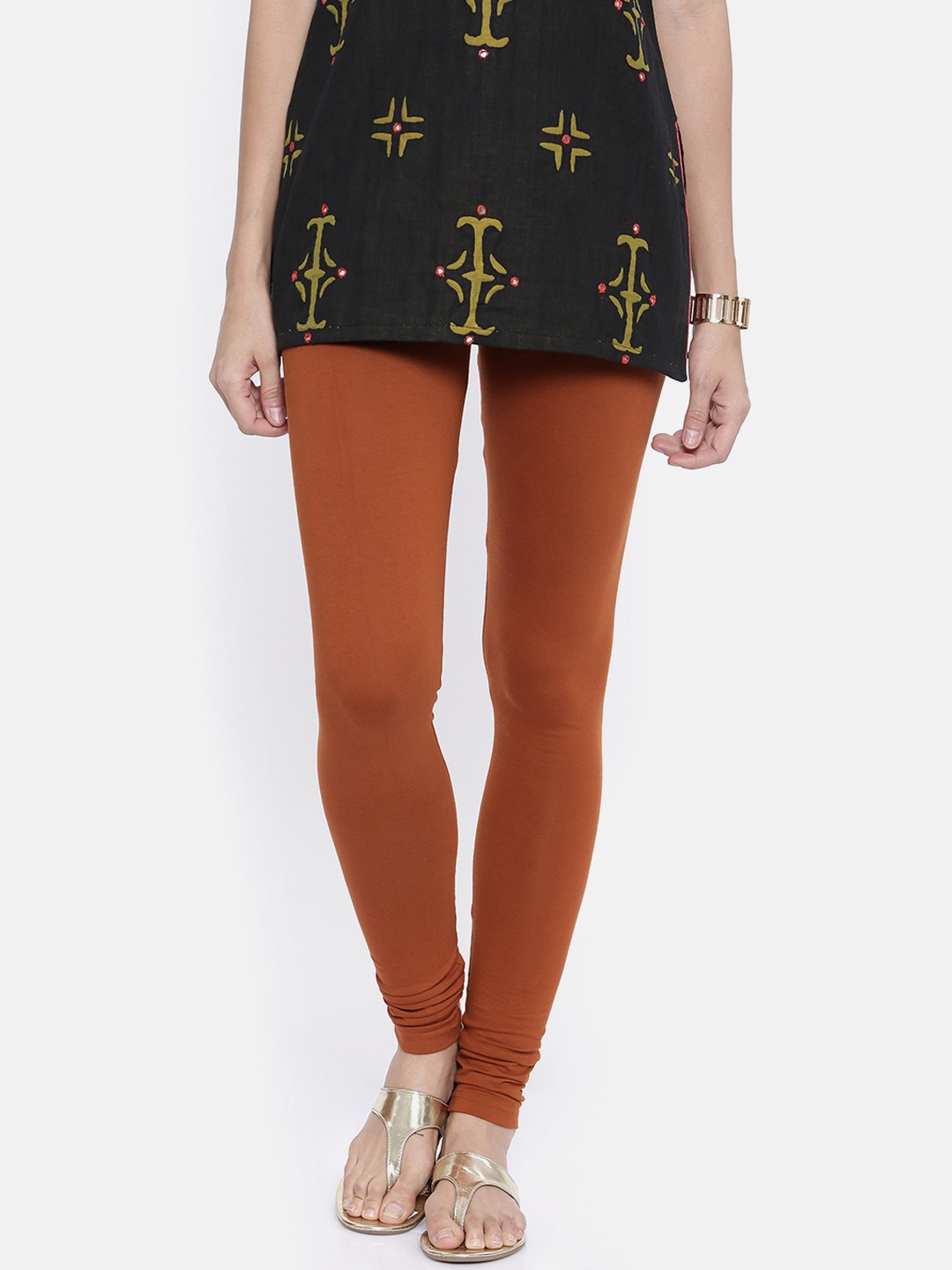 

Bitz Women Rust Brown Solid Churidar-Length Organic Cotton Leggings