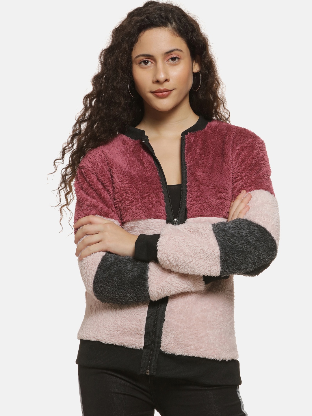 

Campus Sutra Women Pink Colourblocked Bomber Jacket