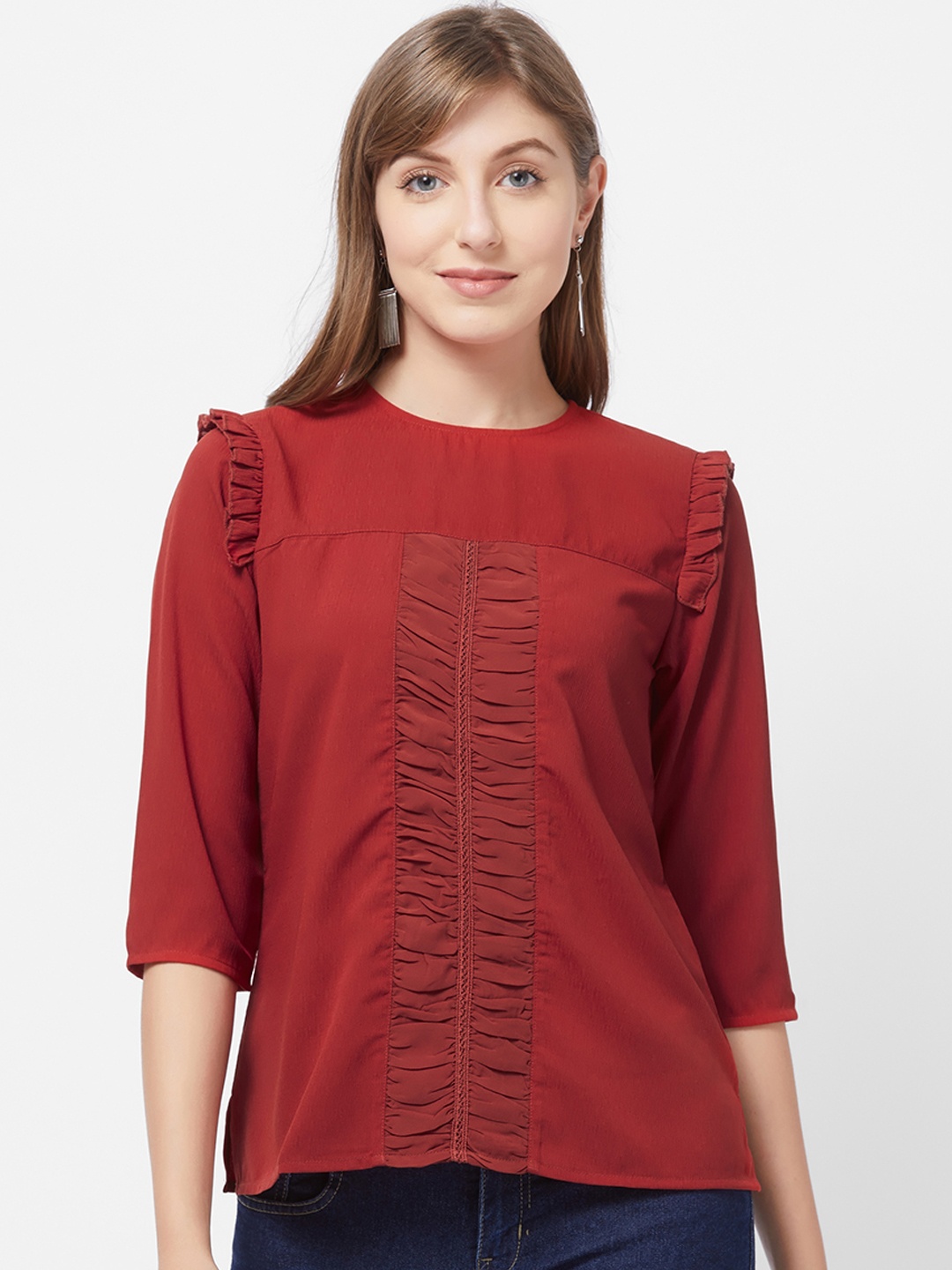 

109F Women Maroon Solid Ruffle Top