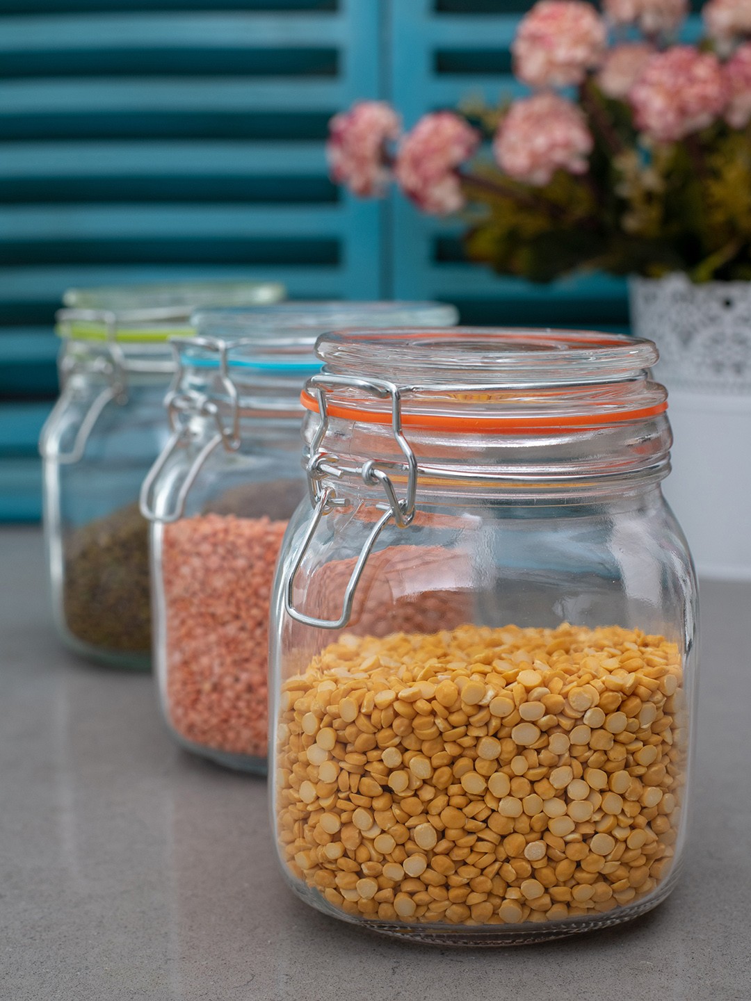 

GOODHOMES Set of 3 Transparent Glass Jar with Airtight Swing Cap
