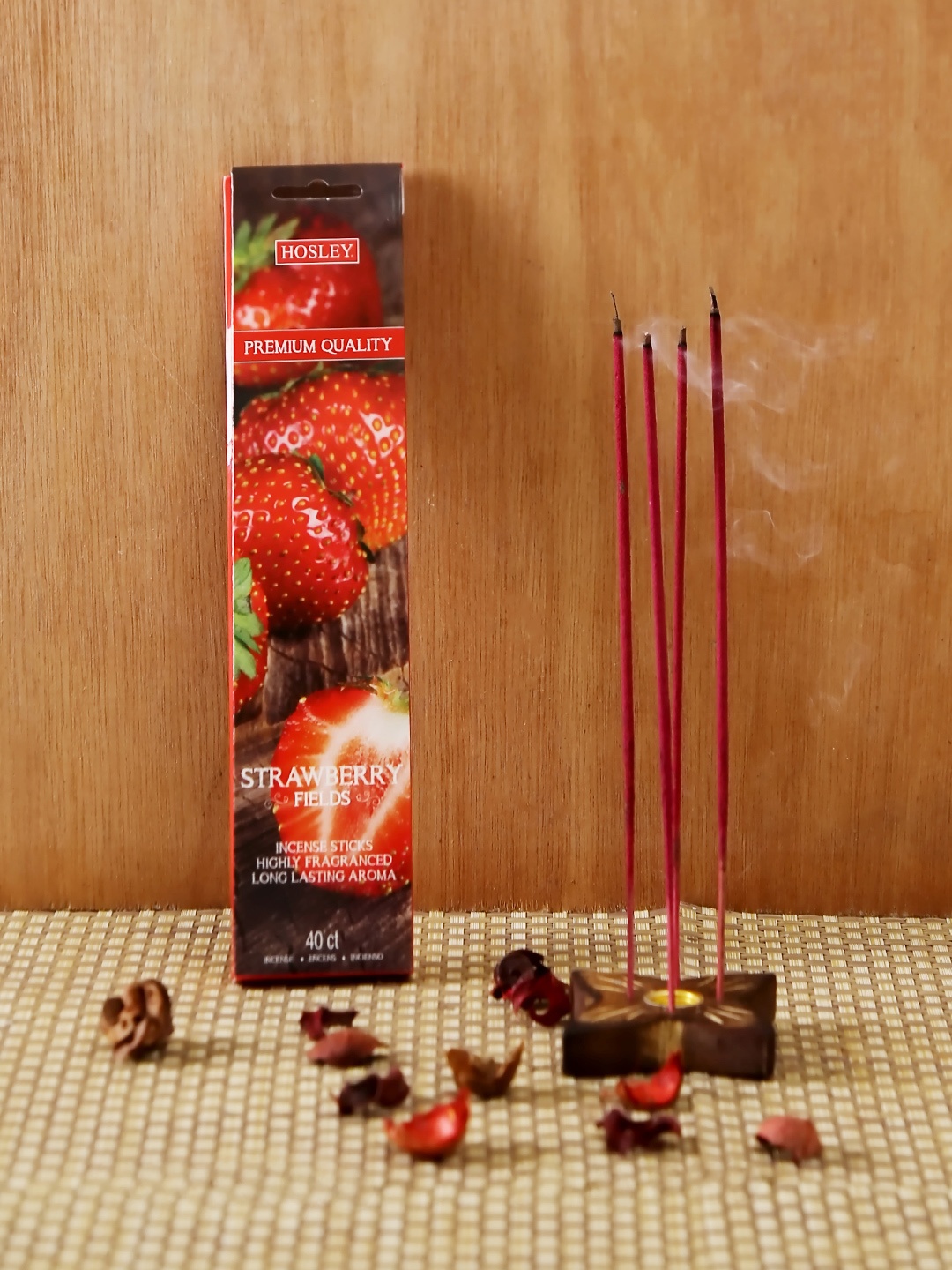 

HOSLEY Set of 240 Red Strawberry Scented Incense Sticks with Wooden Holder
