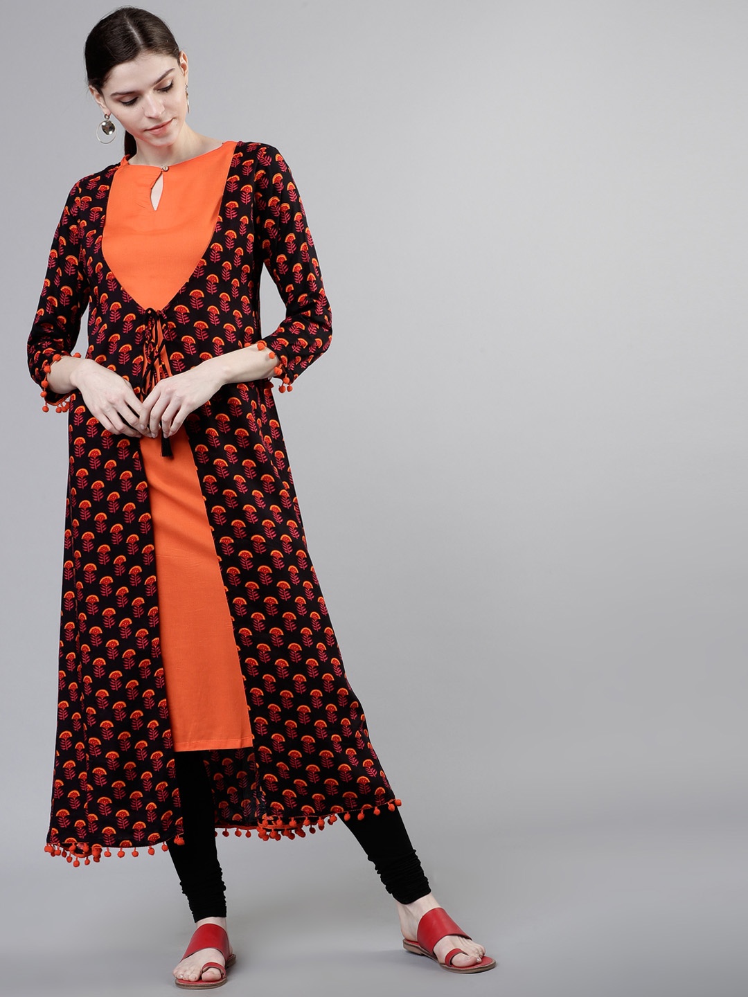 

Vishudh Women Orange & Black Printed Layered A-Line Kurta