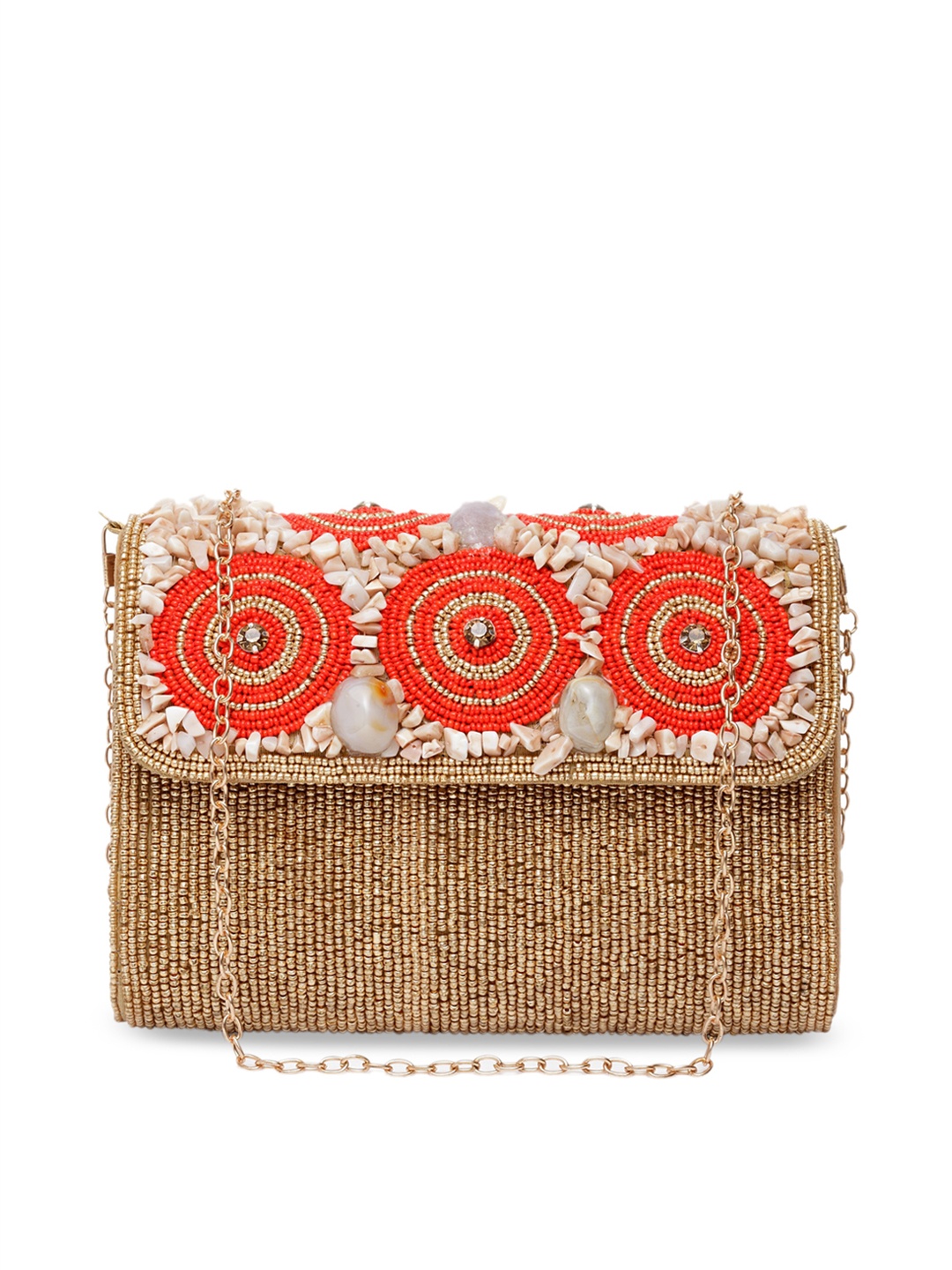 

DUGRISTYLE Cream-Coloured & Orange Embellished Clutch