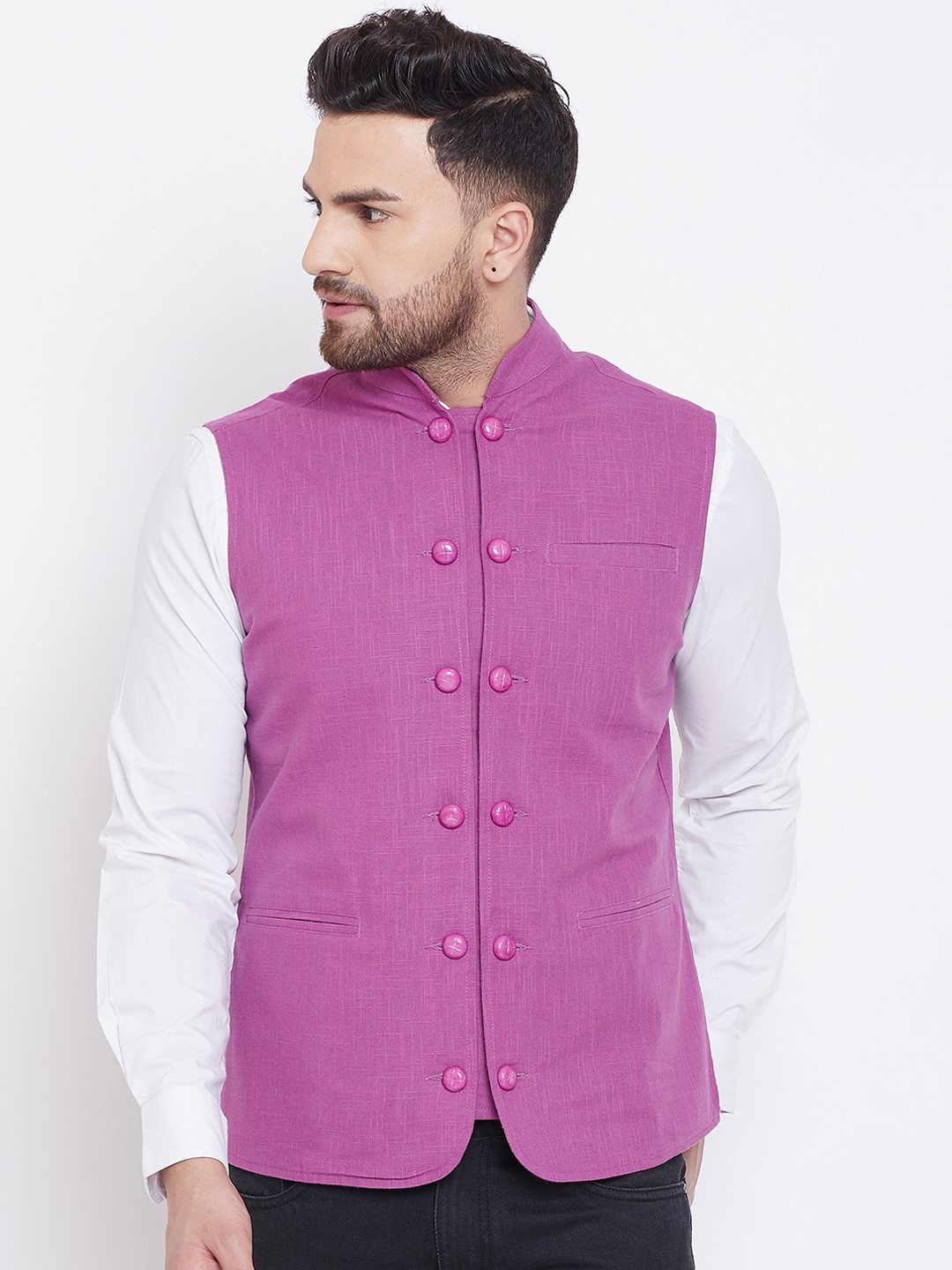 

Hypernation Men Purple Solid Pure Cotton Nehru Jacket
