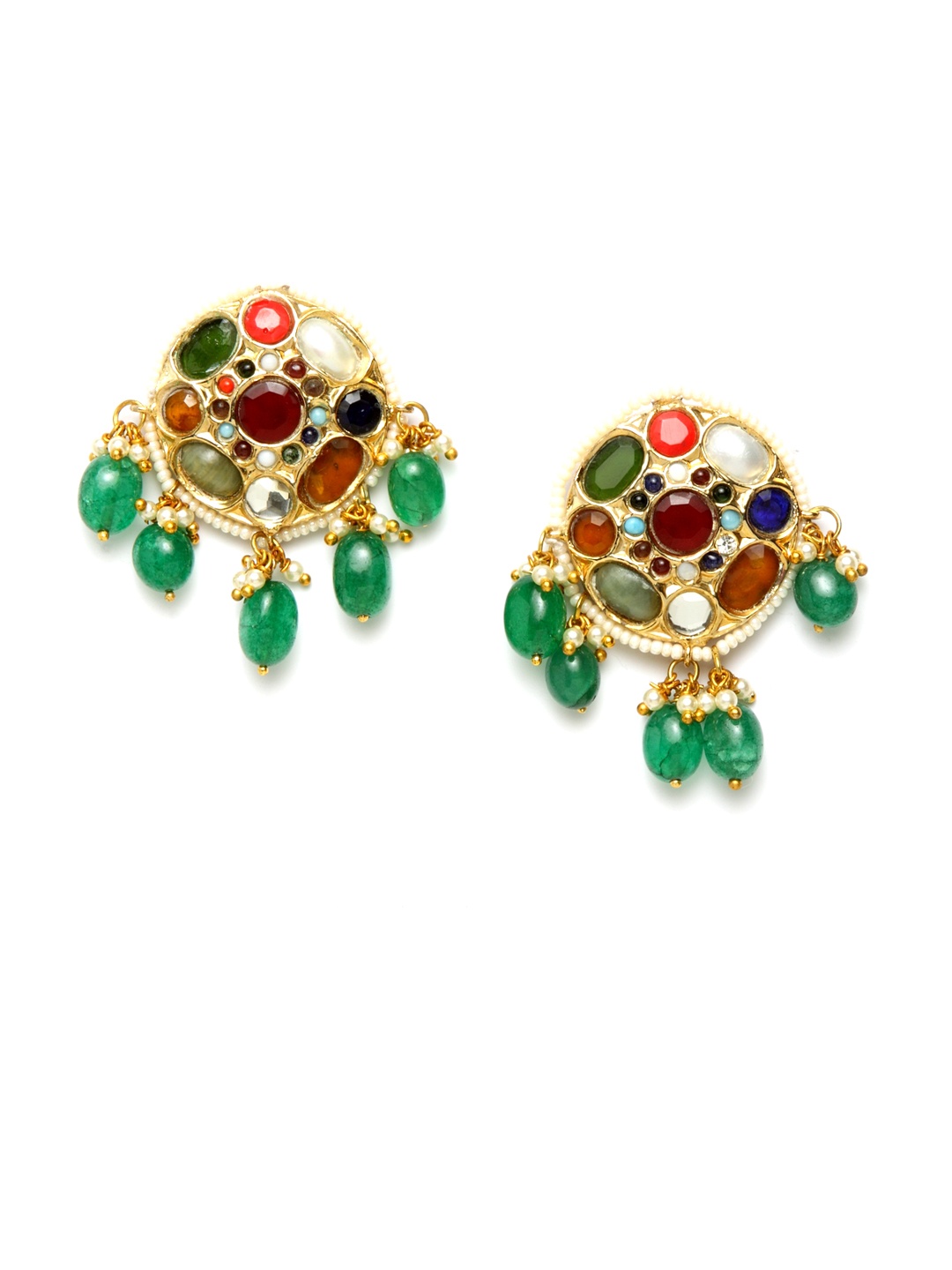 

DUGRISTYLE Green & Gold-Toned Navratana Emerald Circular Drop Earrings