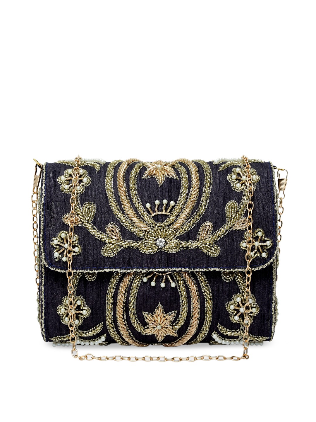 

DUGRISTYLE Navy Blue & Gold-Toned Embellished Box Clutch