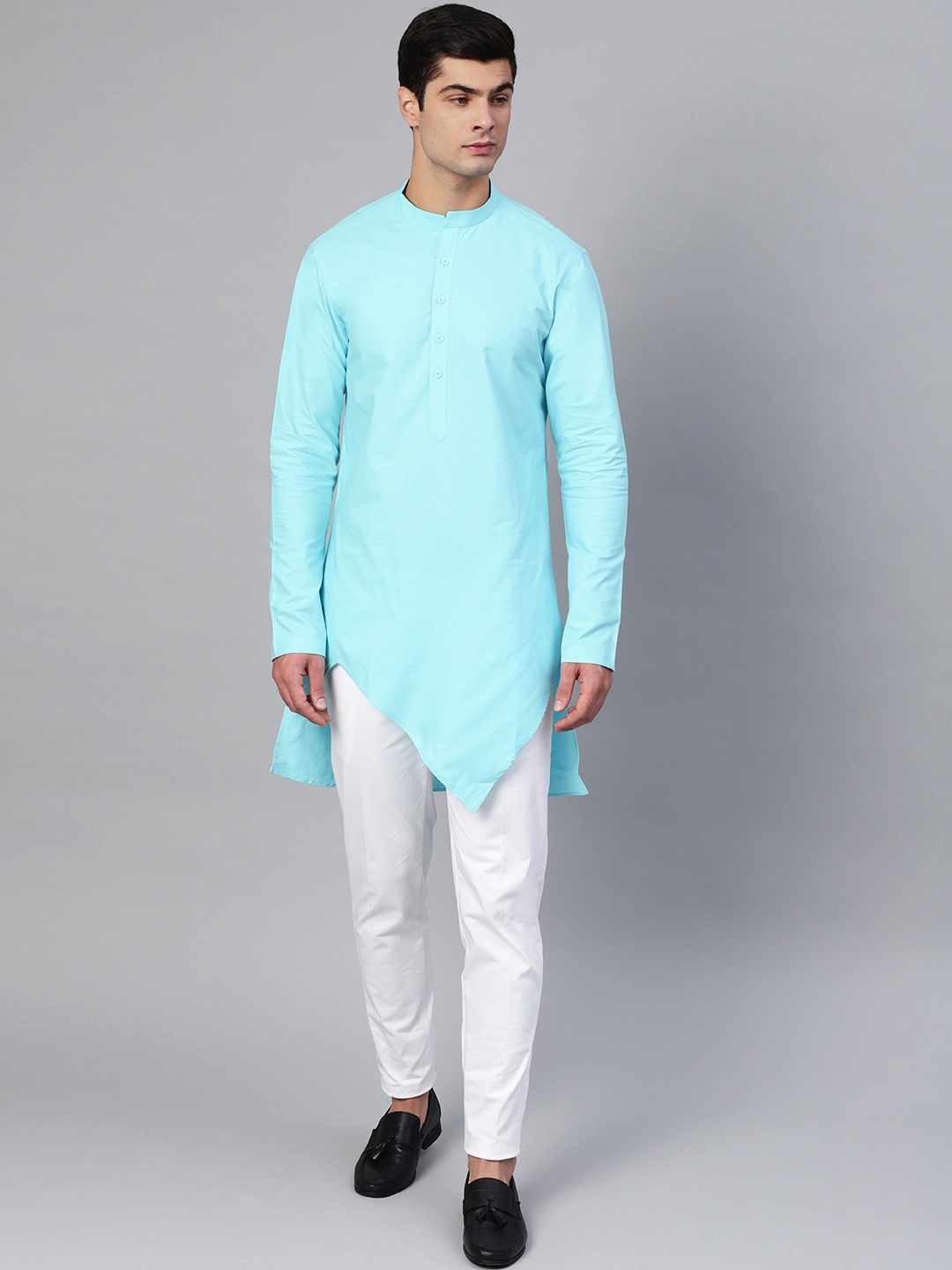 

See Designs Men Turquoise Blue & White Solid Kurta with Trousers
