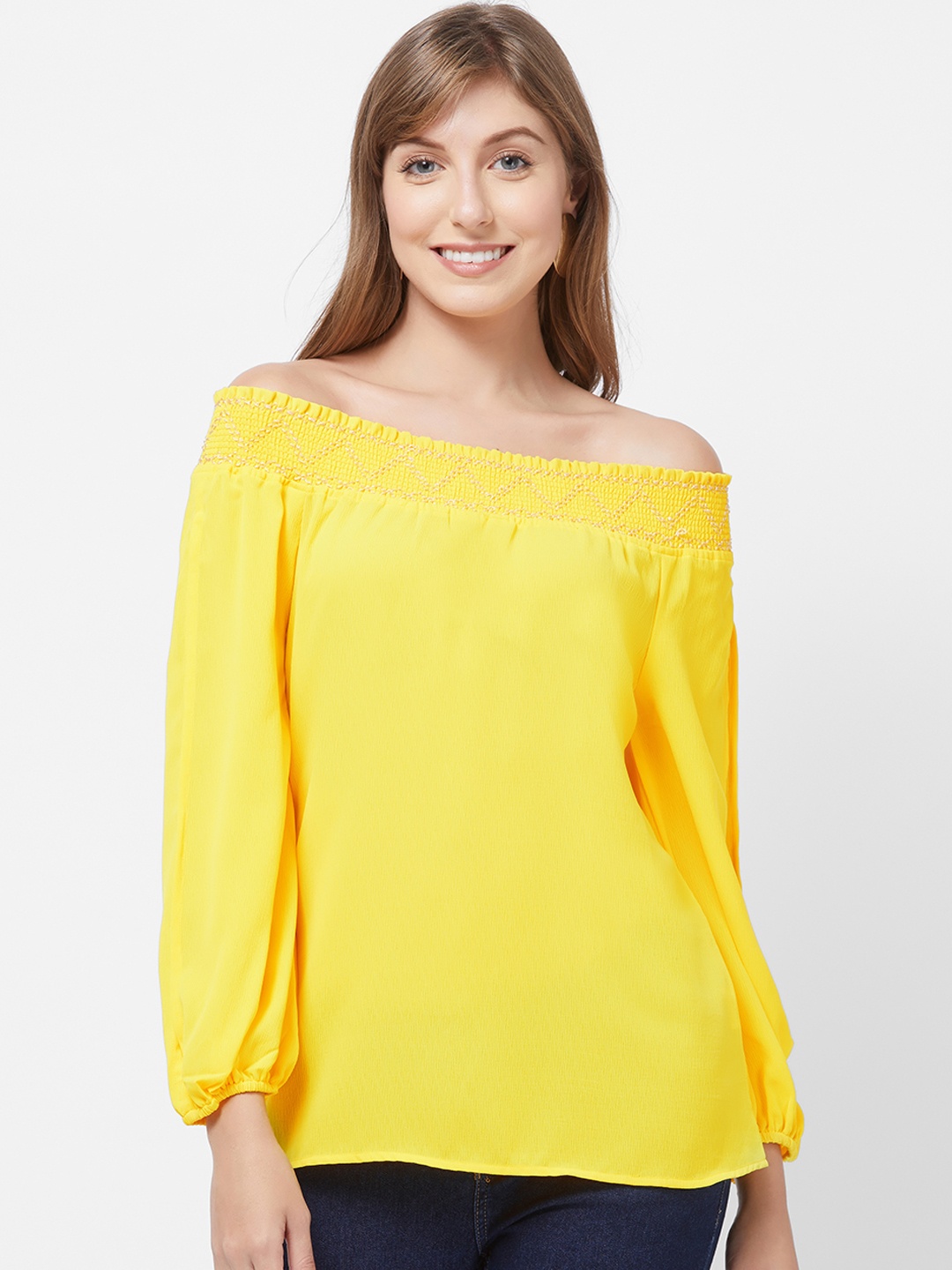 

109F Women Yellow Solid Bardot Top