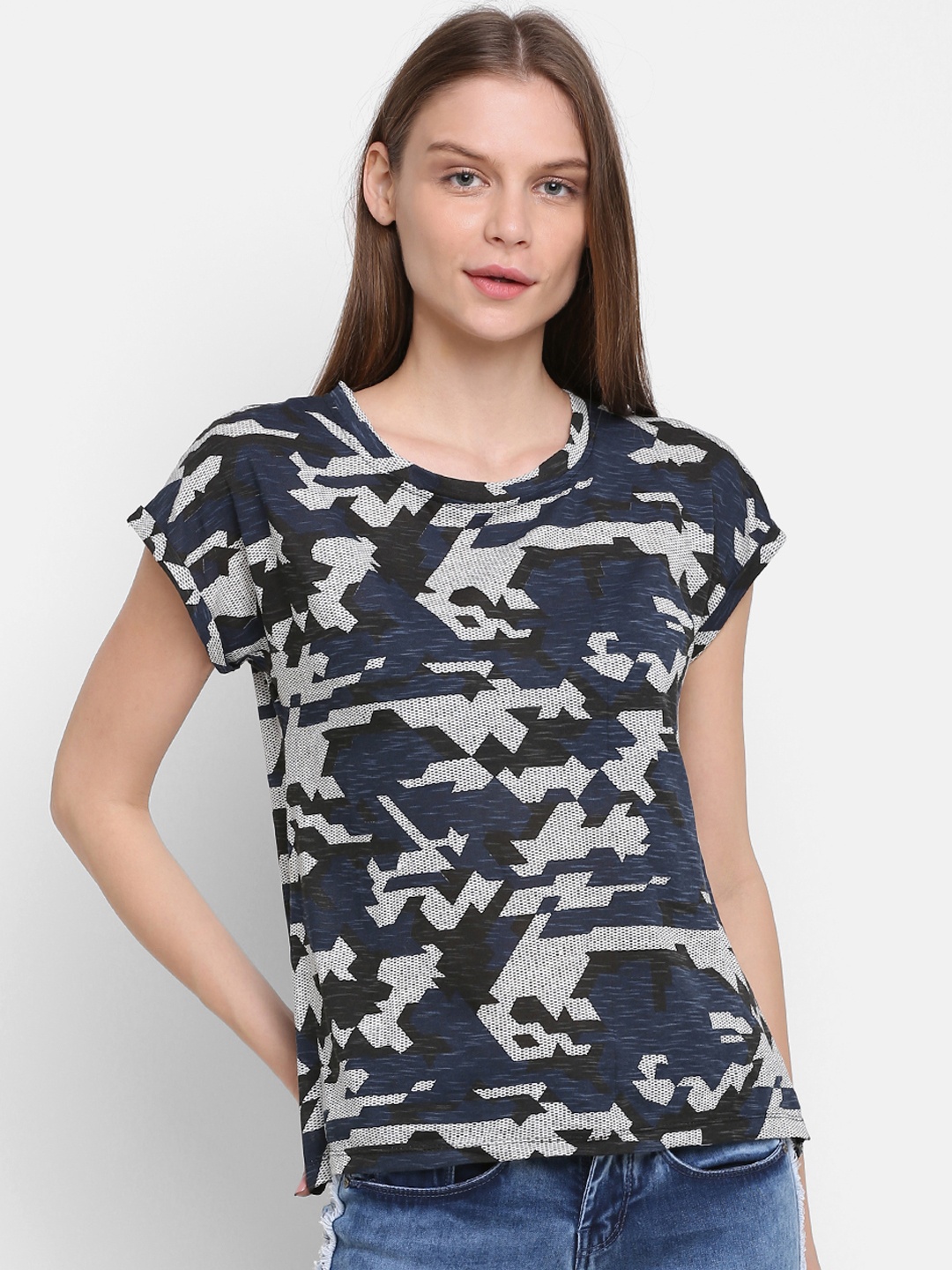 

Rute Women Blue & Off-White Camouflage Printed Round Neck T-shirt