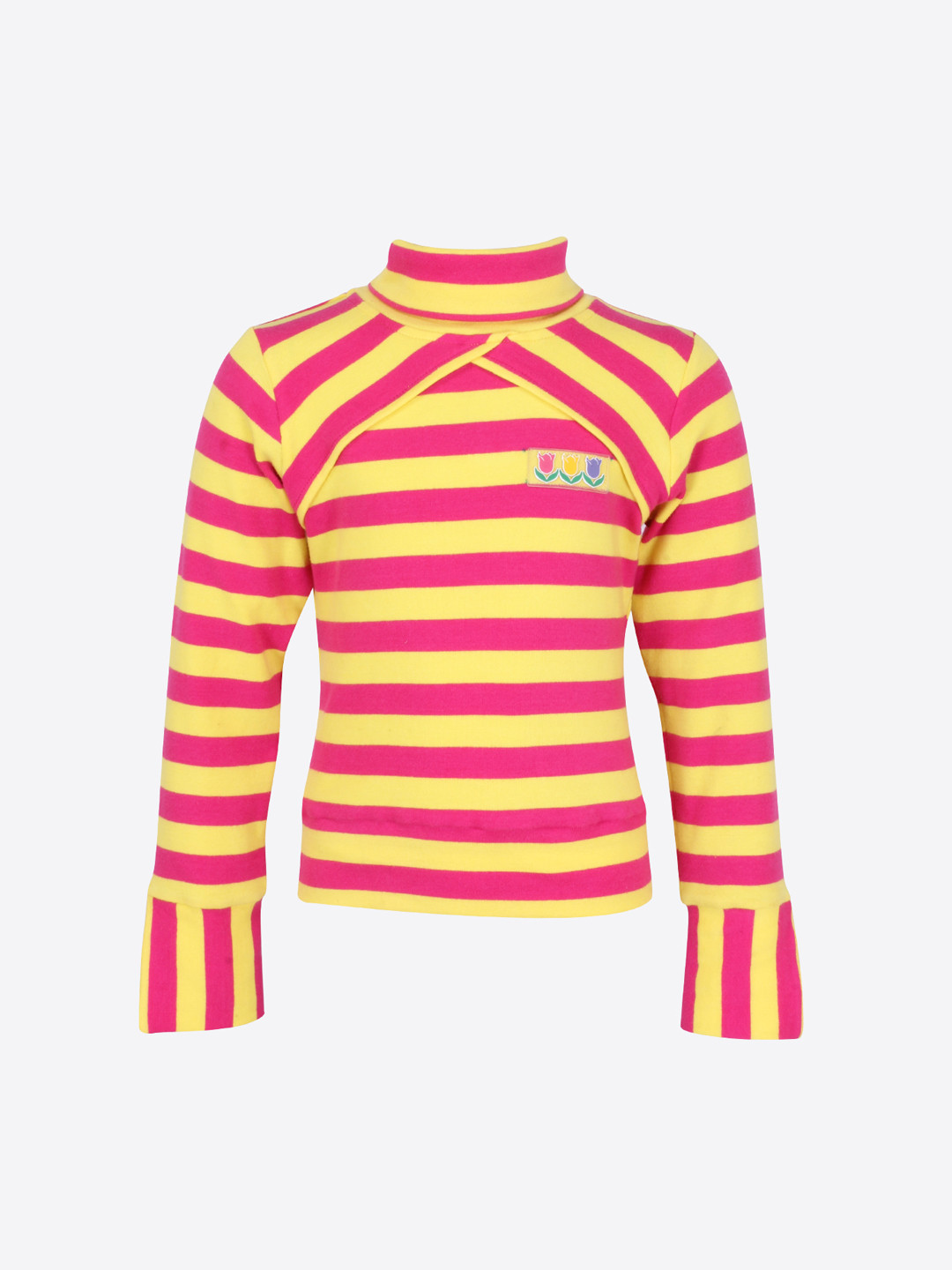 

CUTECUMBER Girls Yellow & Pink Striped Turtle Neck T-shirt