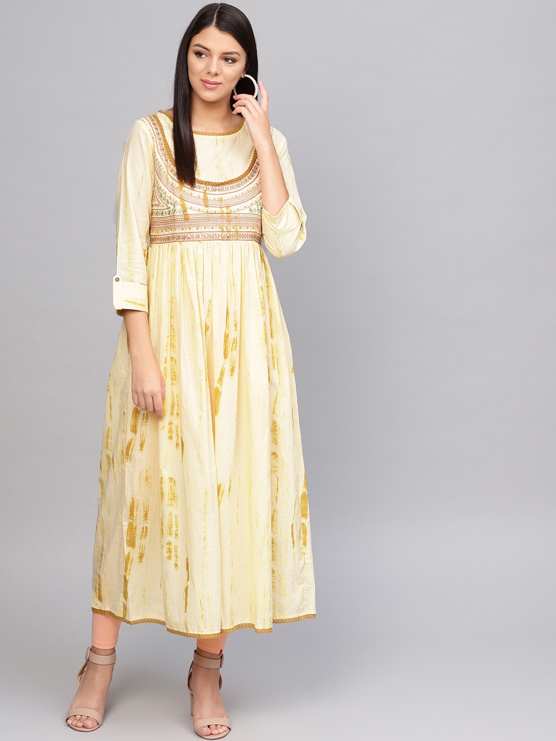 Varanga Women Cream-Coloured Printed A-Line Kurta