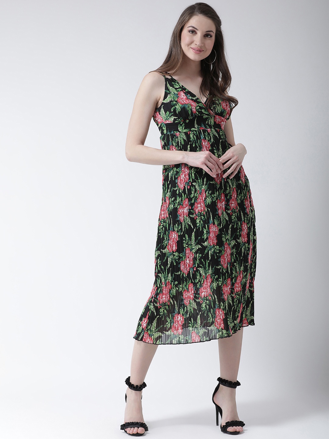 KASSUALLY Women Black & Green Floral Printed Wrap Empire Dress