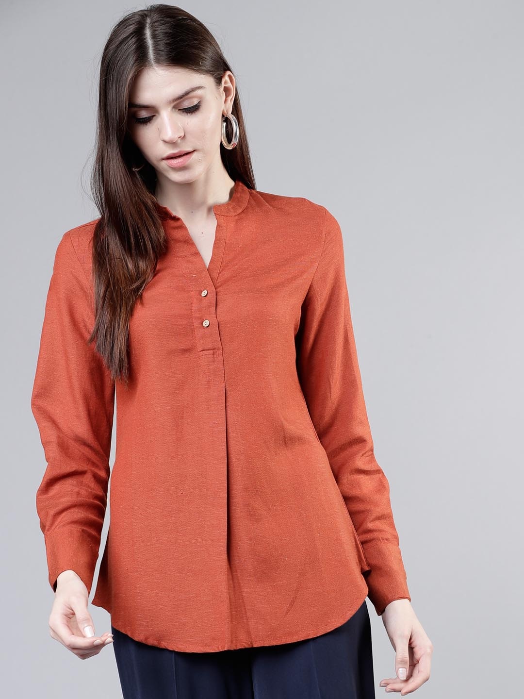 

Tokyo Talkies Women Rust Orange Solid Shirt Style Top