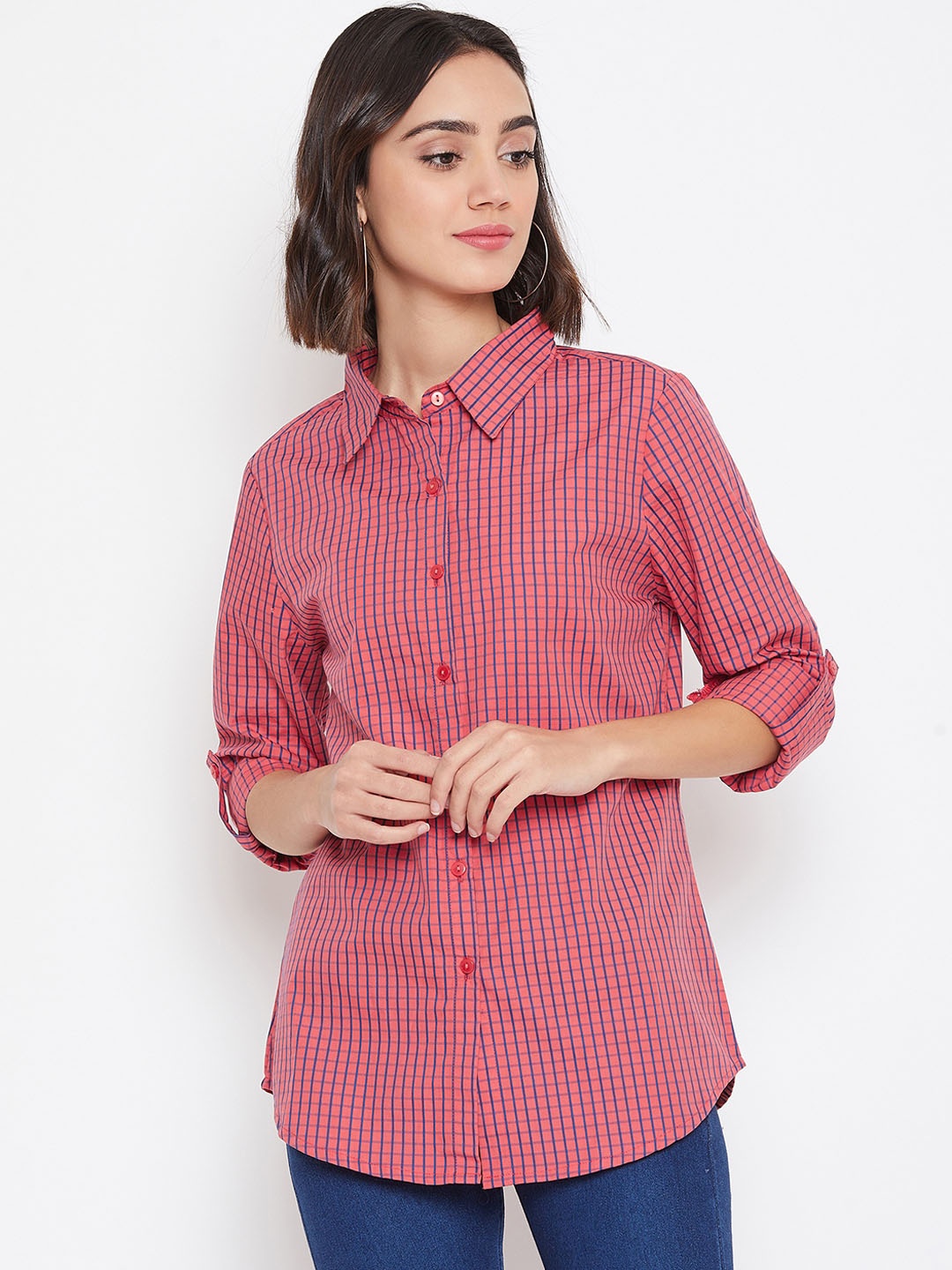 

Ruhaans Women Pink & Blue Regular Fit Checked Casual Shirt