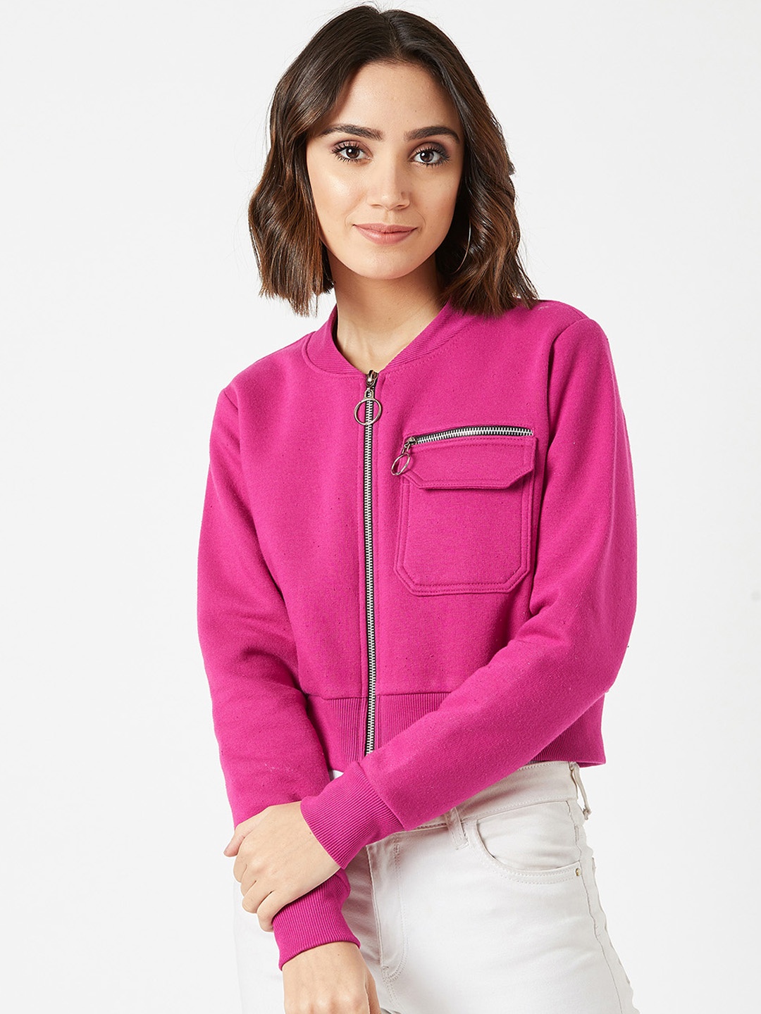 Miss Chase Women Pink Solid Tailored Fleece Jacket