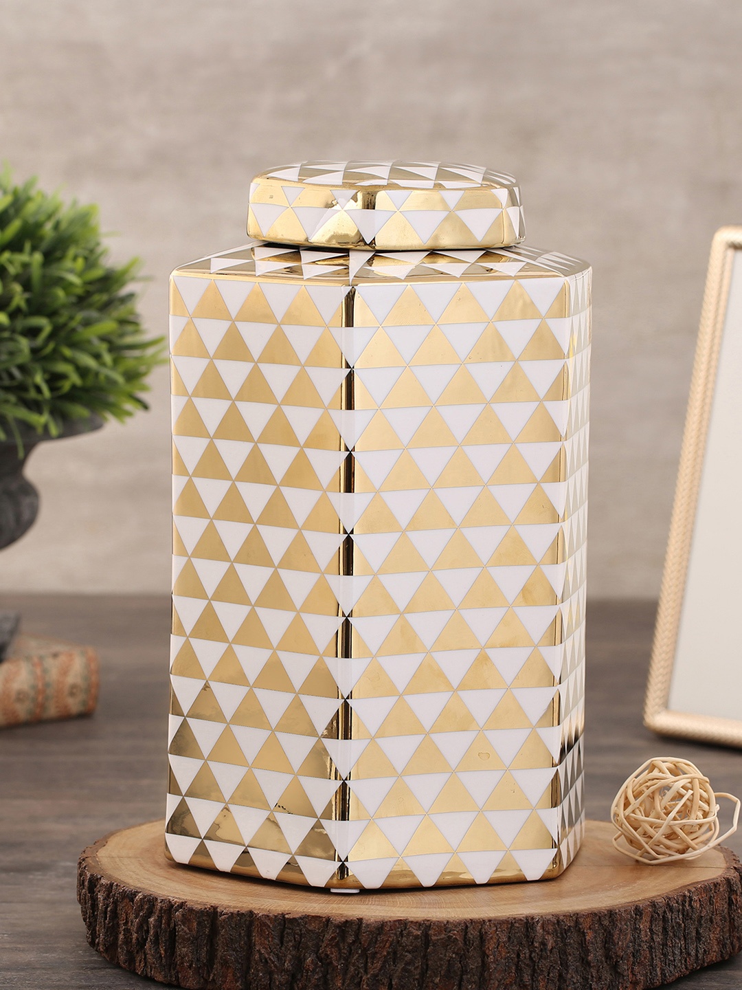 

Pure Home and Living Gold-Toned & White Printed Large Ceramic Jar
