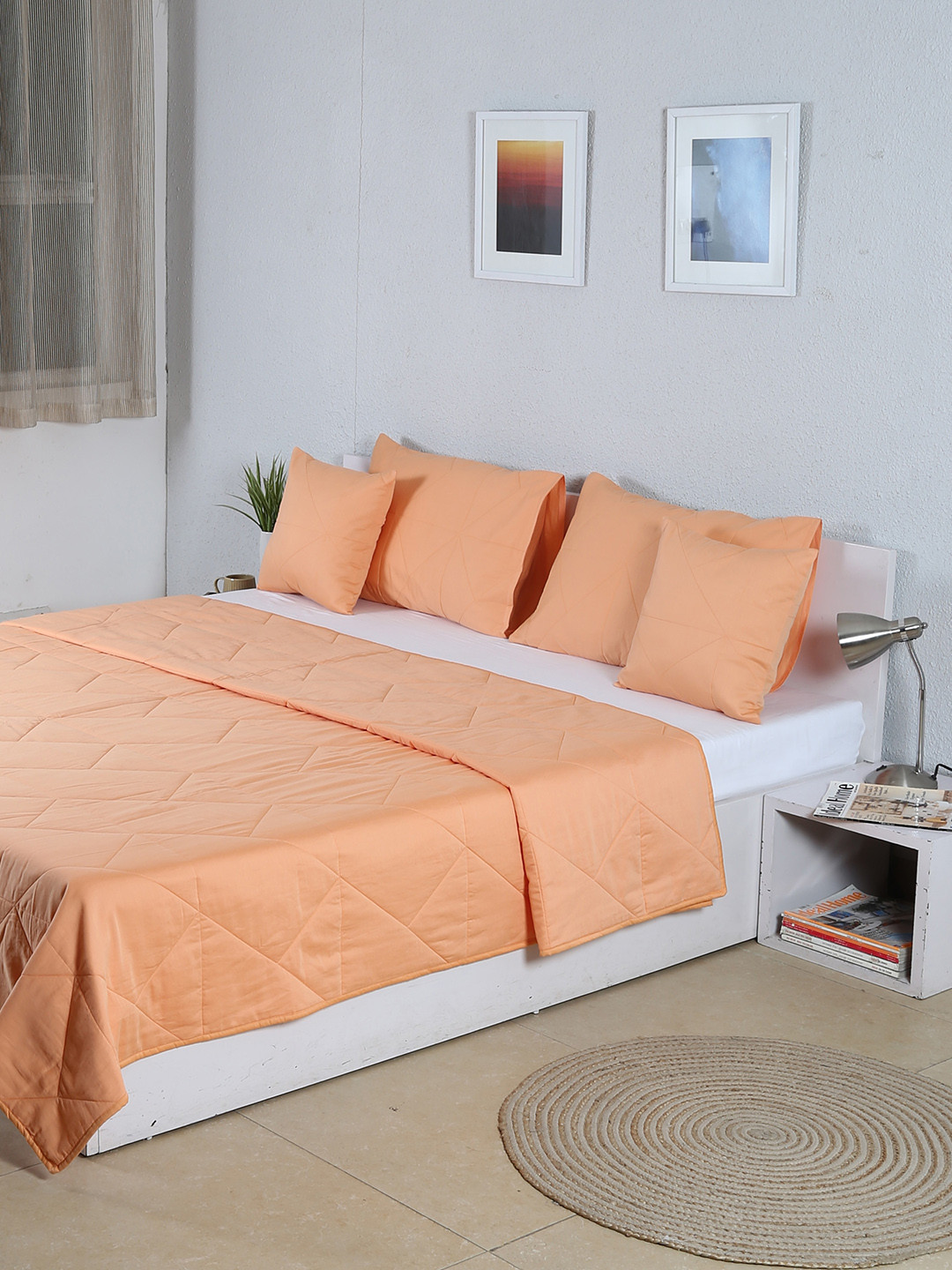 

House This Coral Orange Self-Designed Bed Cover With 2 Pillow Covers & 2 Cushion Covers