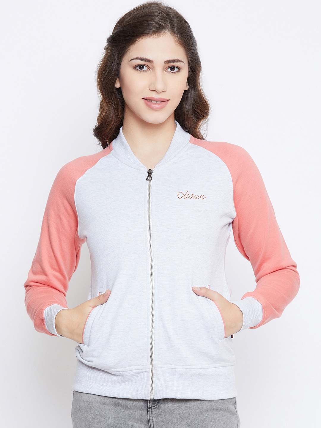 

Okane Women Grey & Peach-Coloured Colourblocked Sweatshirt