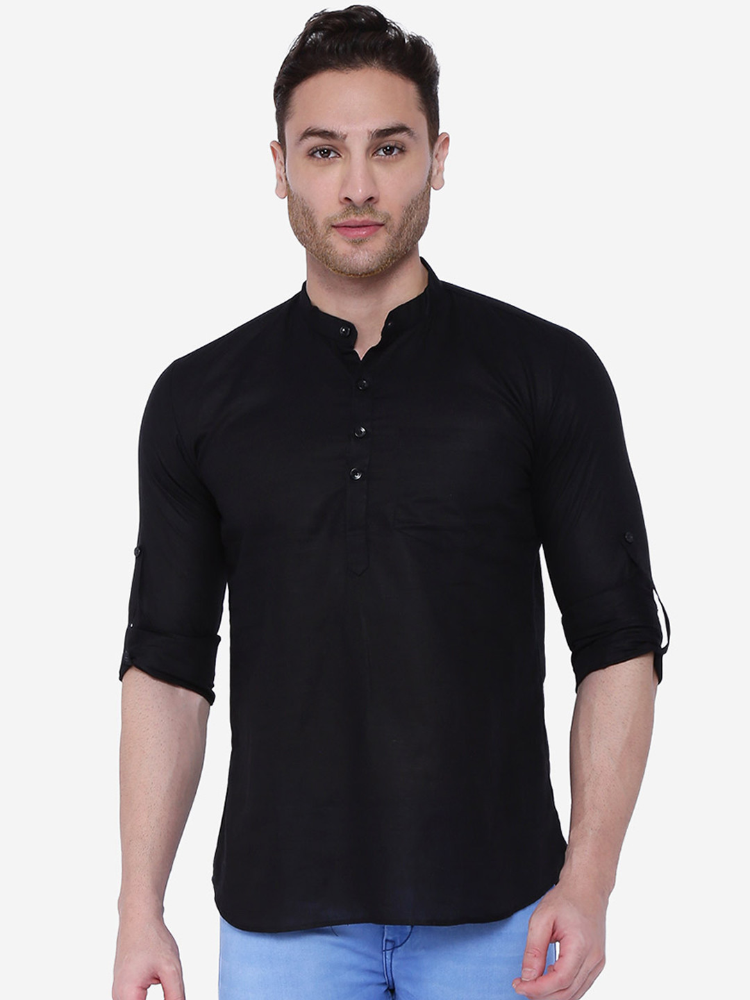 

RAJUBHAI HARGOVINDAS Men Black Solid Straight Kurta