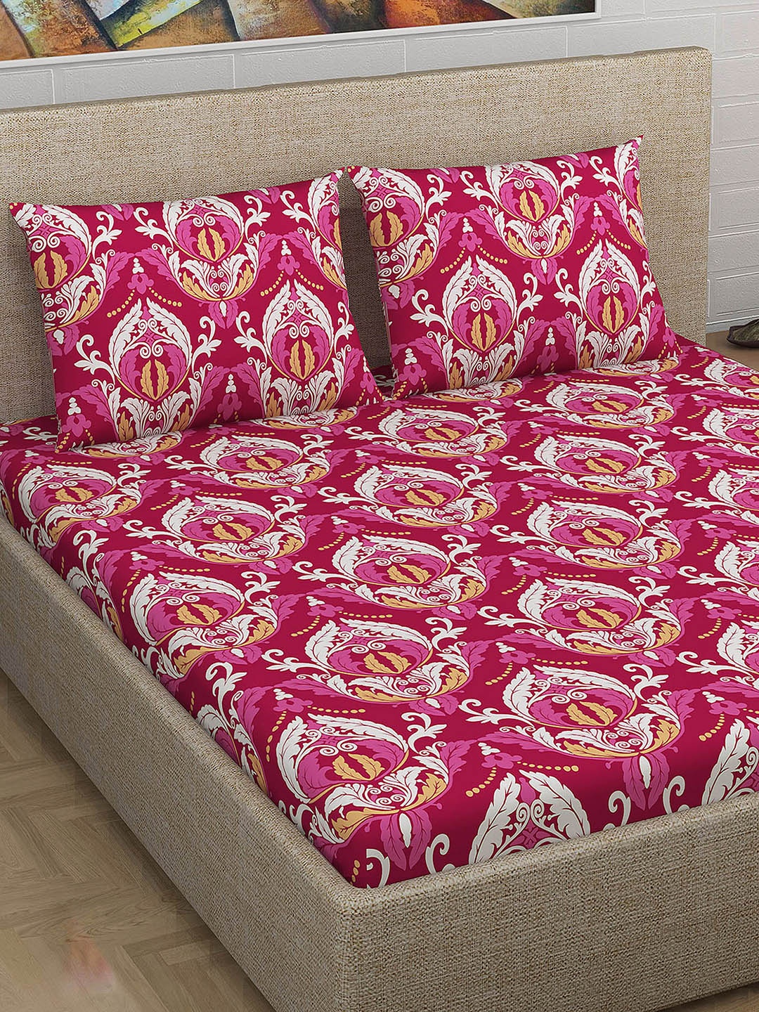 

Divine Casa Maroon & Pink Floral 180 TC Cotton 1 Queen Bedsheet with 2 Pillow Covers