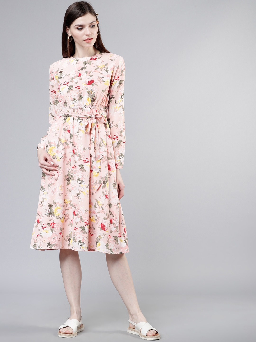 

Tokyo Talkies Women Pink Floral Printed Crepe Fit and Flare Dress