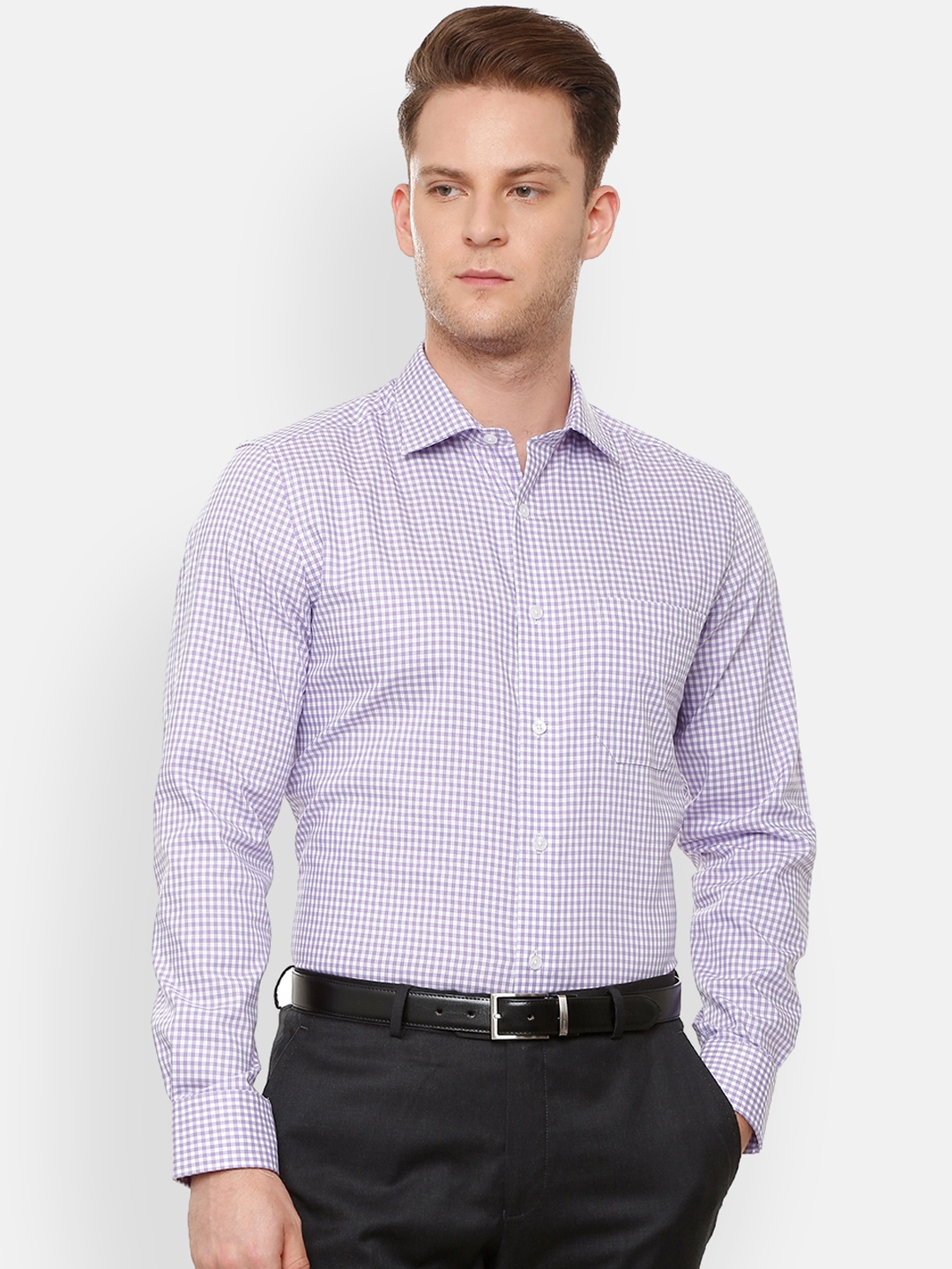 

Louis Philippe Permapress Men Purple & White Regular Fit Checked Formal Shirt