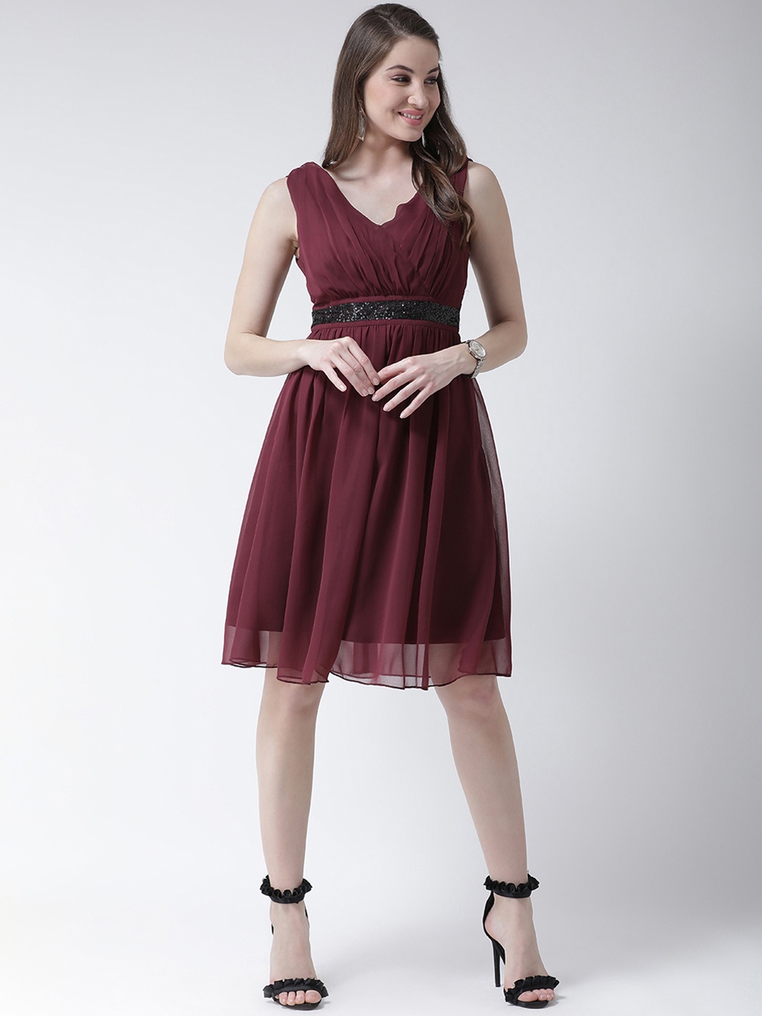 

KASSUALLY Women Maroon Pleated Yoke Empire Dress