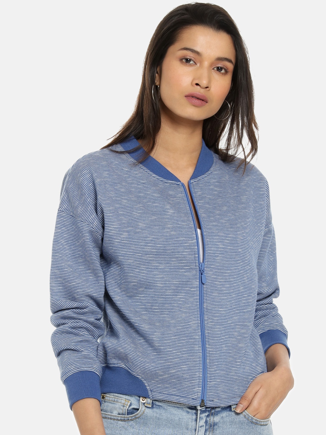 

Campus Sutra Women Striped Bomber Jacket, Blue