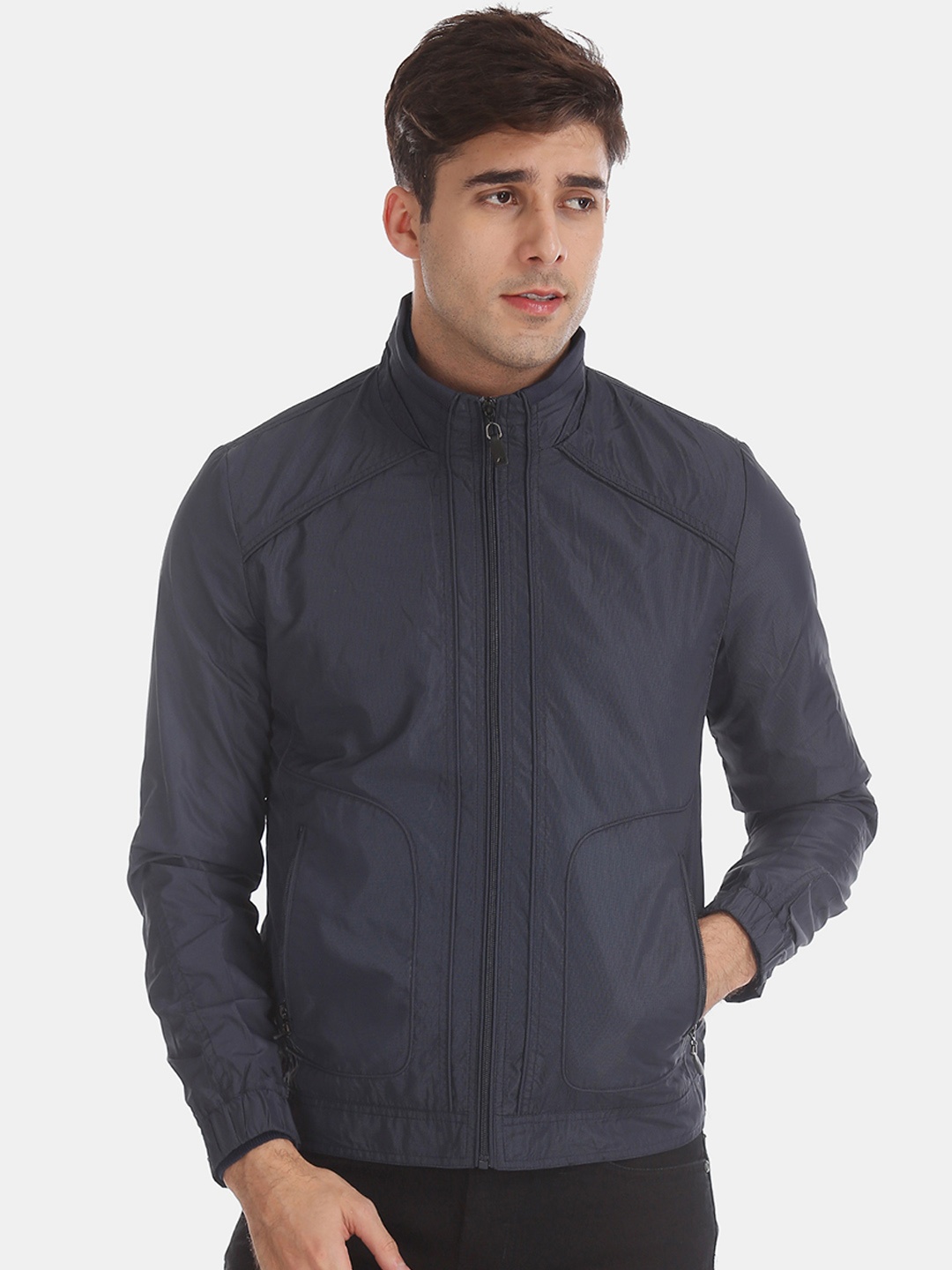 

Arrow Sport Men Navy Blue Solid Biker Jacket Jacket