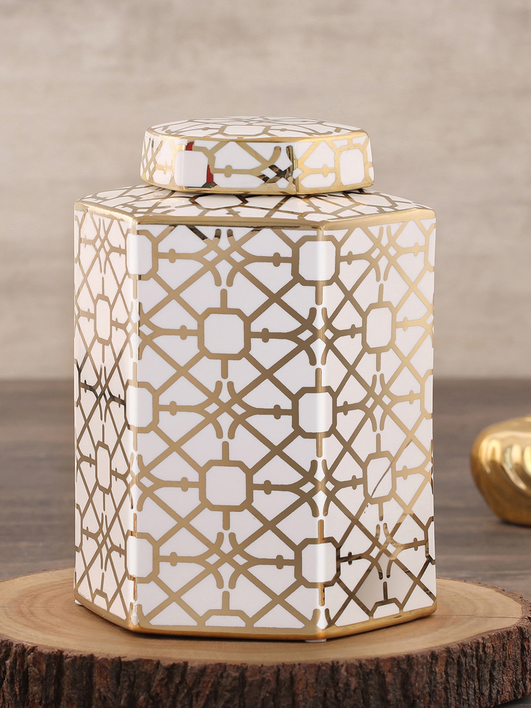 

Pure Home and Living Gold-Toned & White Printed Medium Ceramic Jar