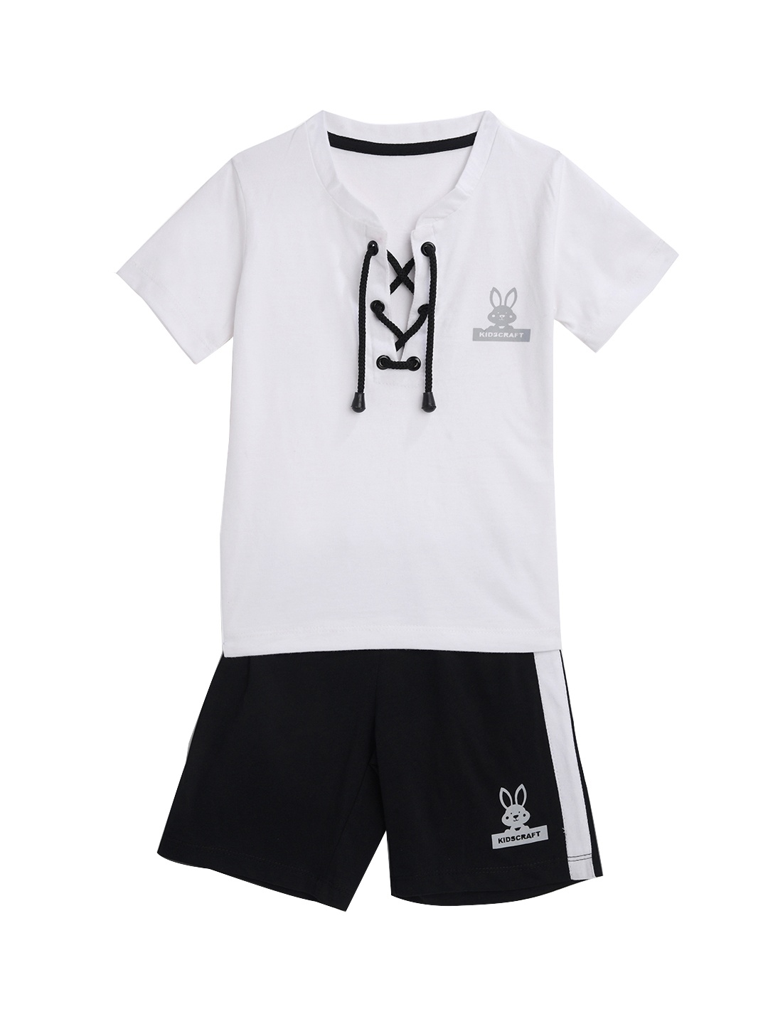 

KIDSCRAFT Boys White & Black Solid T-shirt with Shorts