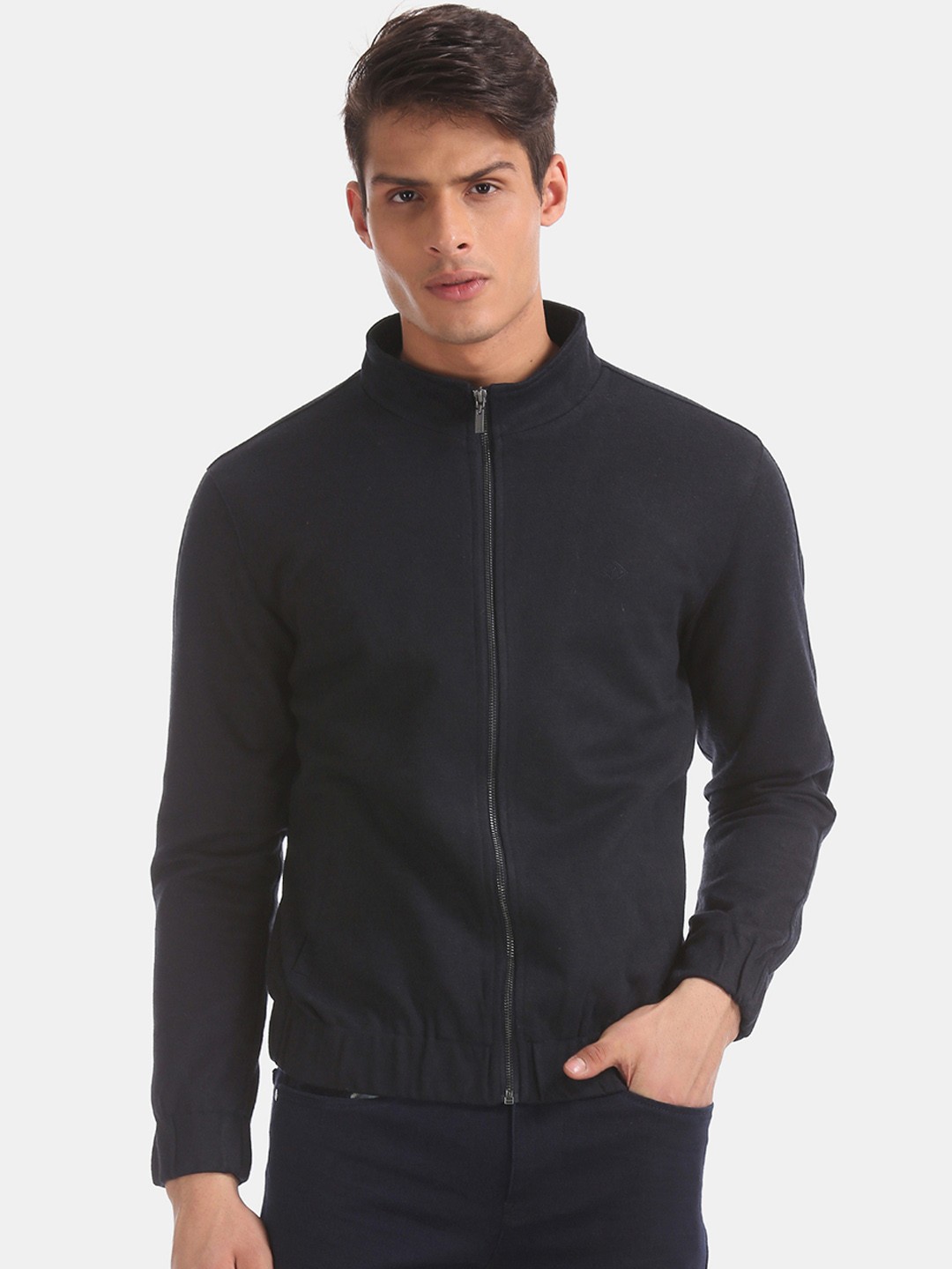 

Arrow Sport Men Navy Blue Solid Bomber Jacket