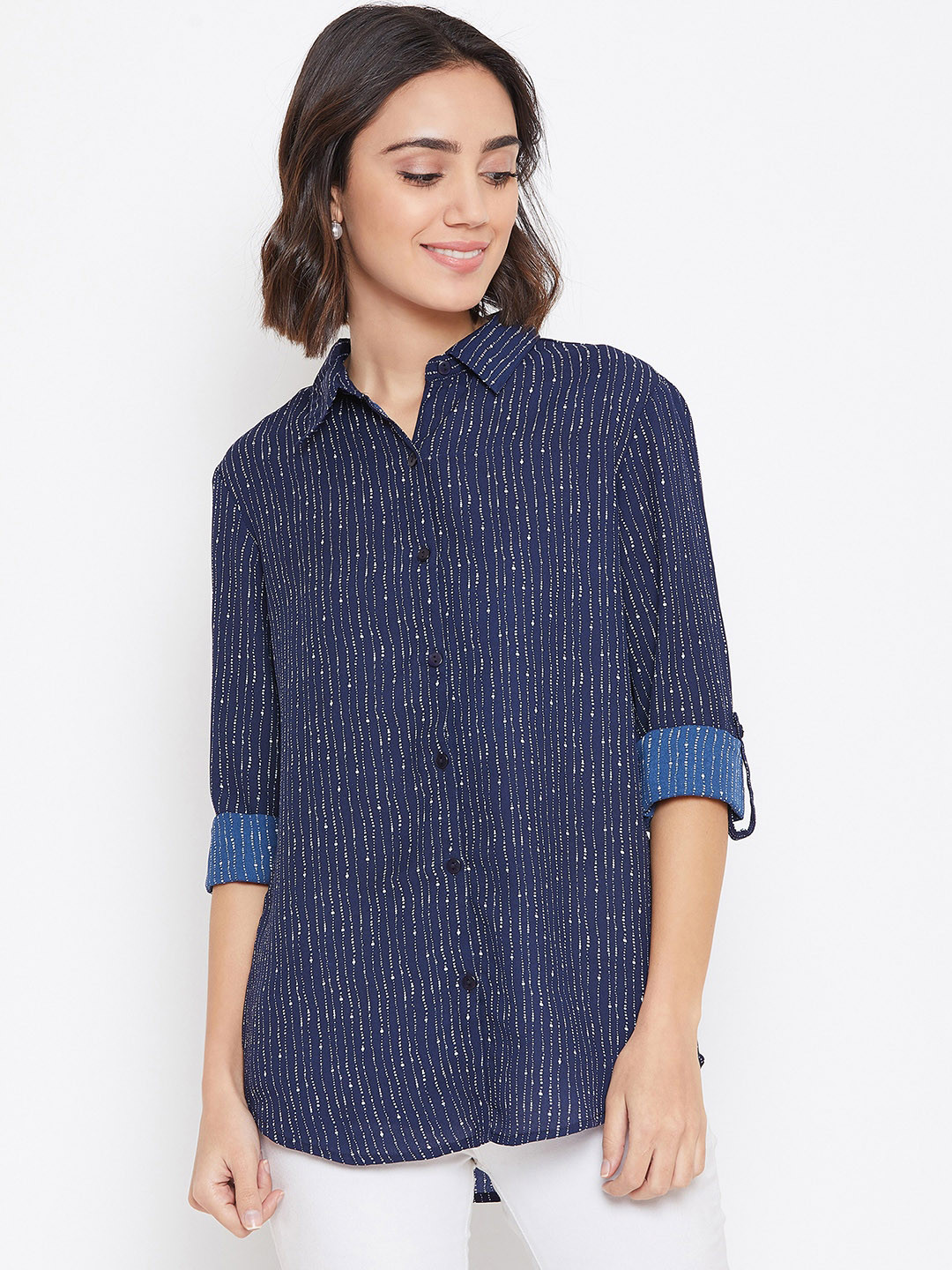 

Ruhaans Women Navy Blue & White Regular Fit Printed Casual Shirt