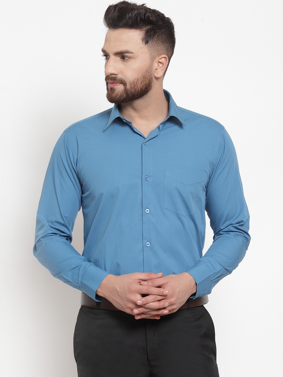 

Hancock Men Blue Slim Fit Solid Formal Shirt